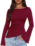 PRETTYGARDEN Women's Bell Long Sleeve Shirts Fall Boat Neck Ruched Asymmetrical Going Out Tops Ribbed Y2K Clothes