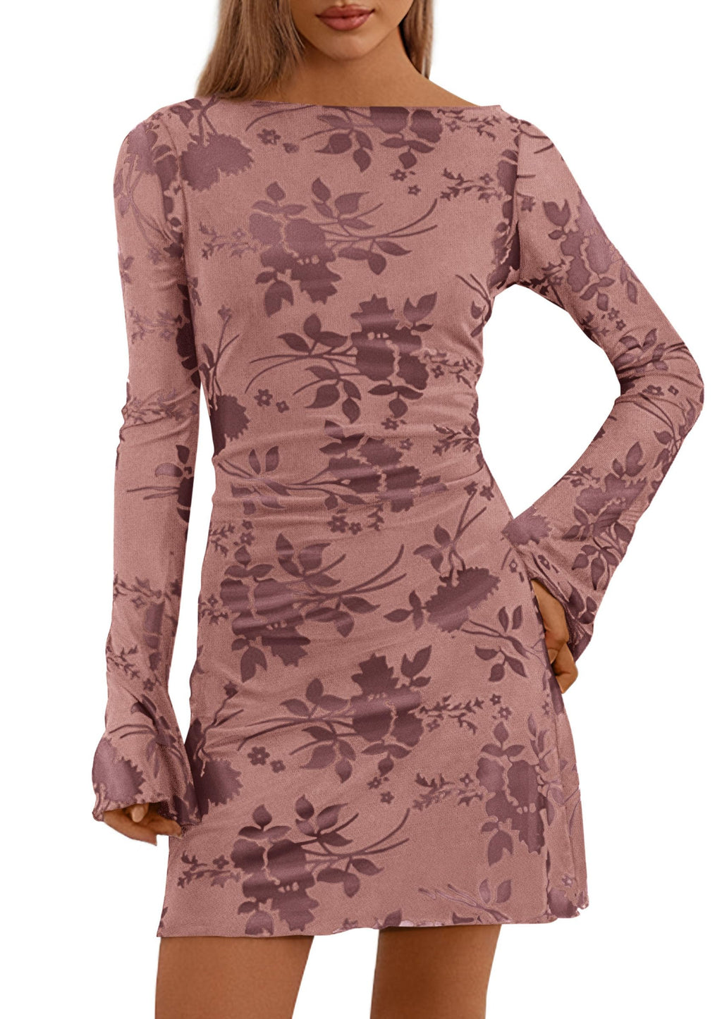 PRETTYGARDEN Women's Fall Fashion Floral Long Sleeve Mini Dress Mesh Bodycon Short Party Date Night Going Out Dresses