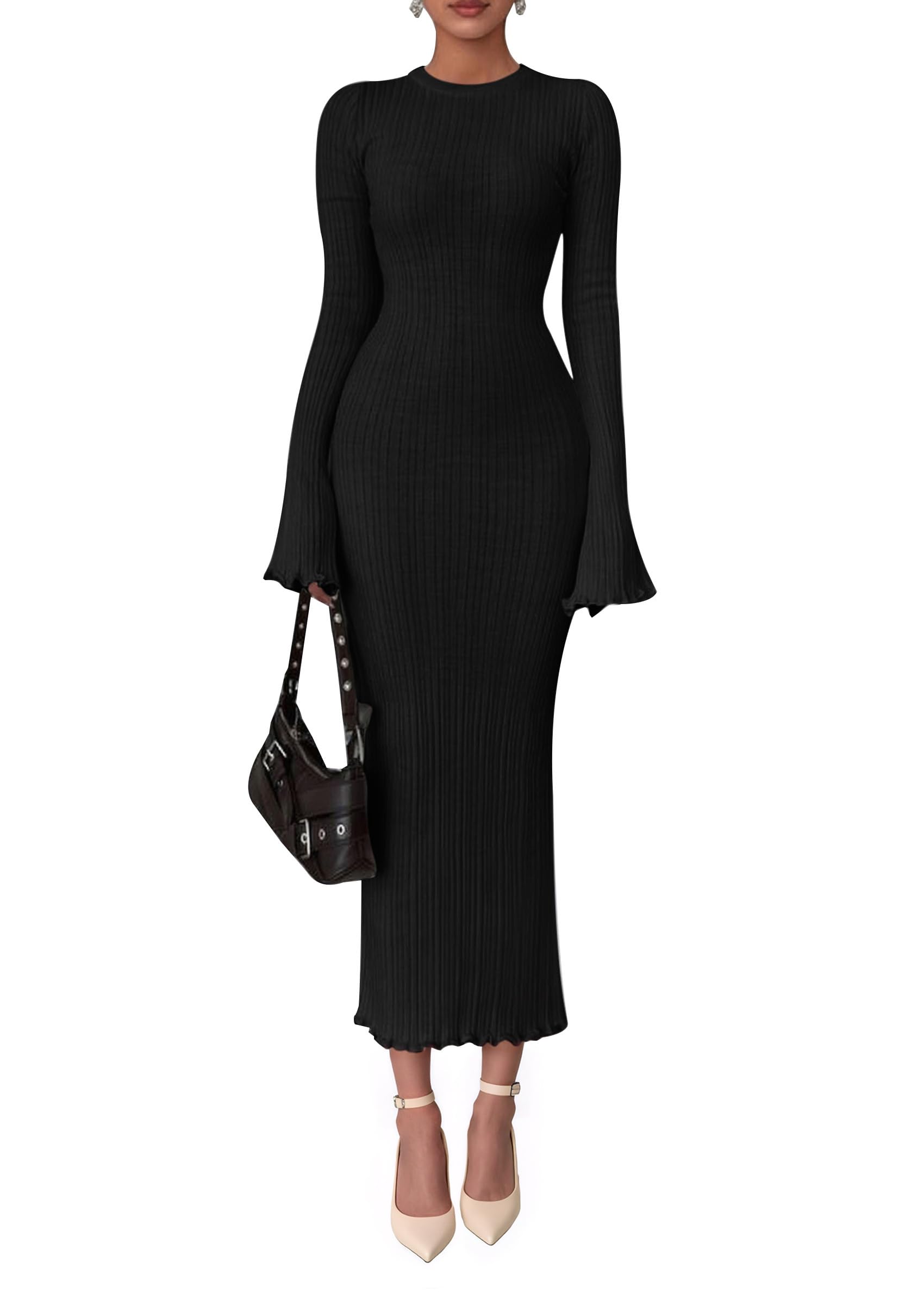 PRETTYGARDEN Sweater Dresses for Women  Fall Bell Long Sleeve Crew Neck Bodycon Maxi Dress Winter Ribbed Knit Outfits