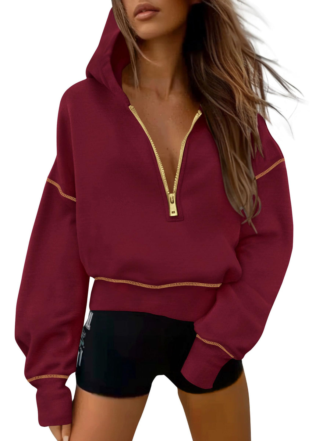 PRETTYGARDEN Women's  Fall Hooded Sweatshirts Long Sleeve Half Zip Cropped Hoodies Pullover Winter Fashion Clothes