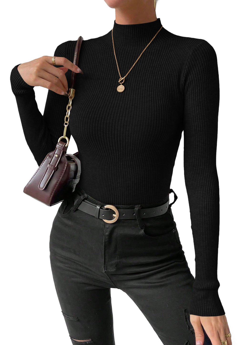PRETTYGARDEN Women's Mock Turtleneck Lightweight Sweaters Fall Knit Tshirts Cozy Pullover, Underscrub Long Sleeve, Fitted Ribbed Tops, Casual Work Office Clothes, Winter Basic Layer