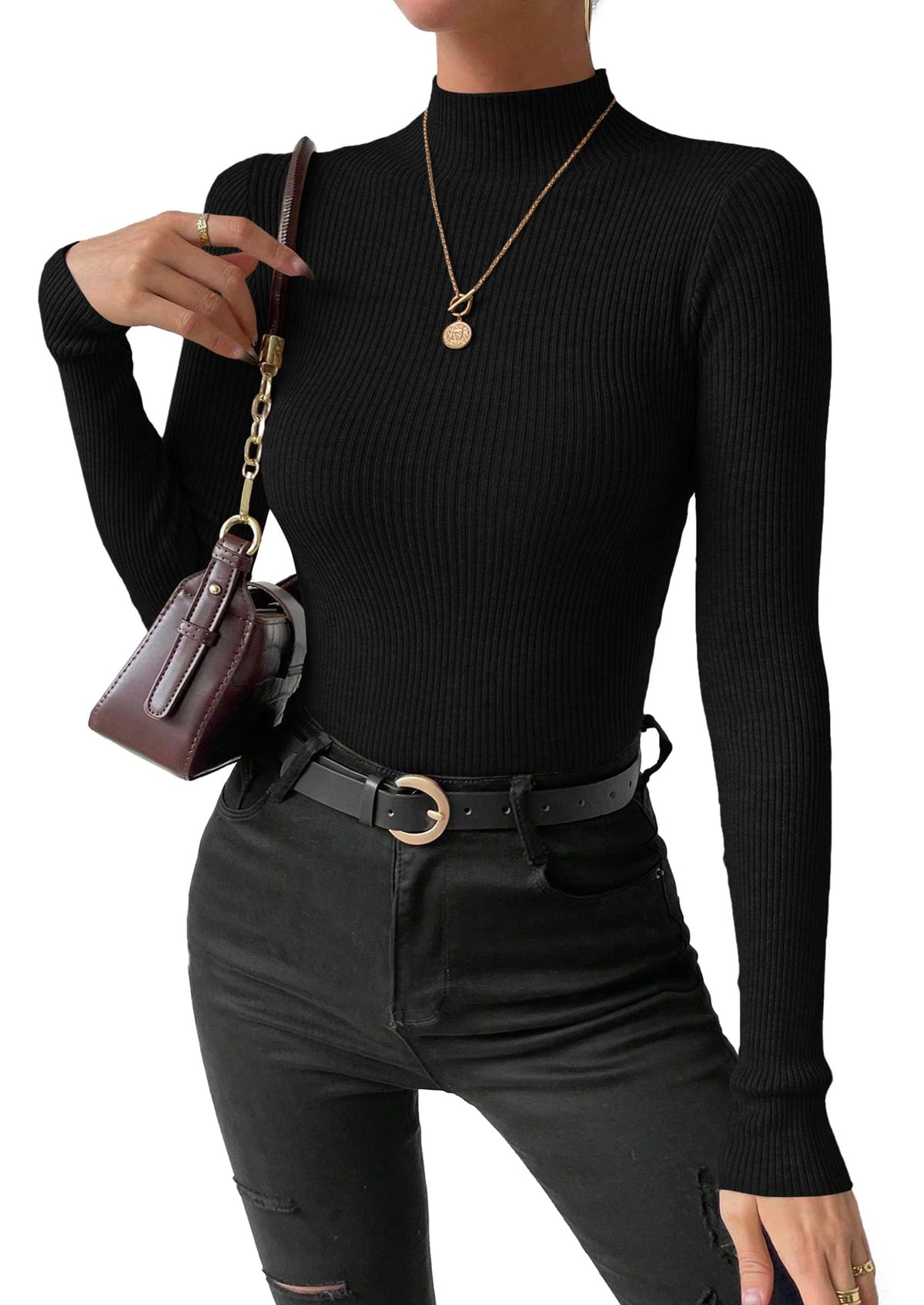 PRETTYGARDEN Women's Mock Turtleneck Lightweight Sweaters Fall Knit Tshirts Cozy Pullover, Underscrub Long Sleeve, Fitted Ribbed Tops, Casual Work Office Clothes, Winter Basic Layer