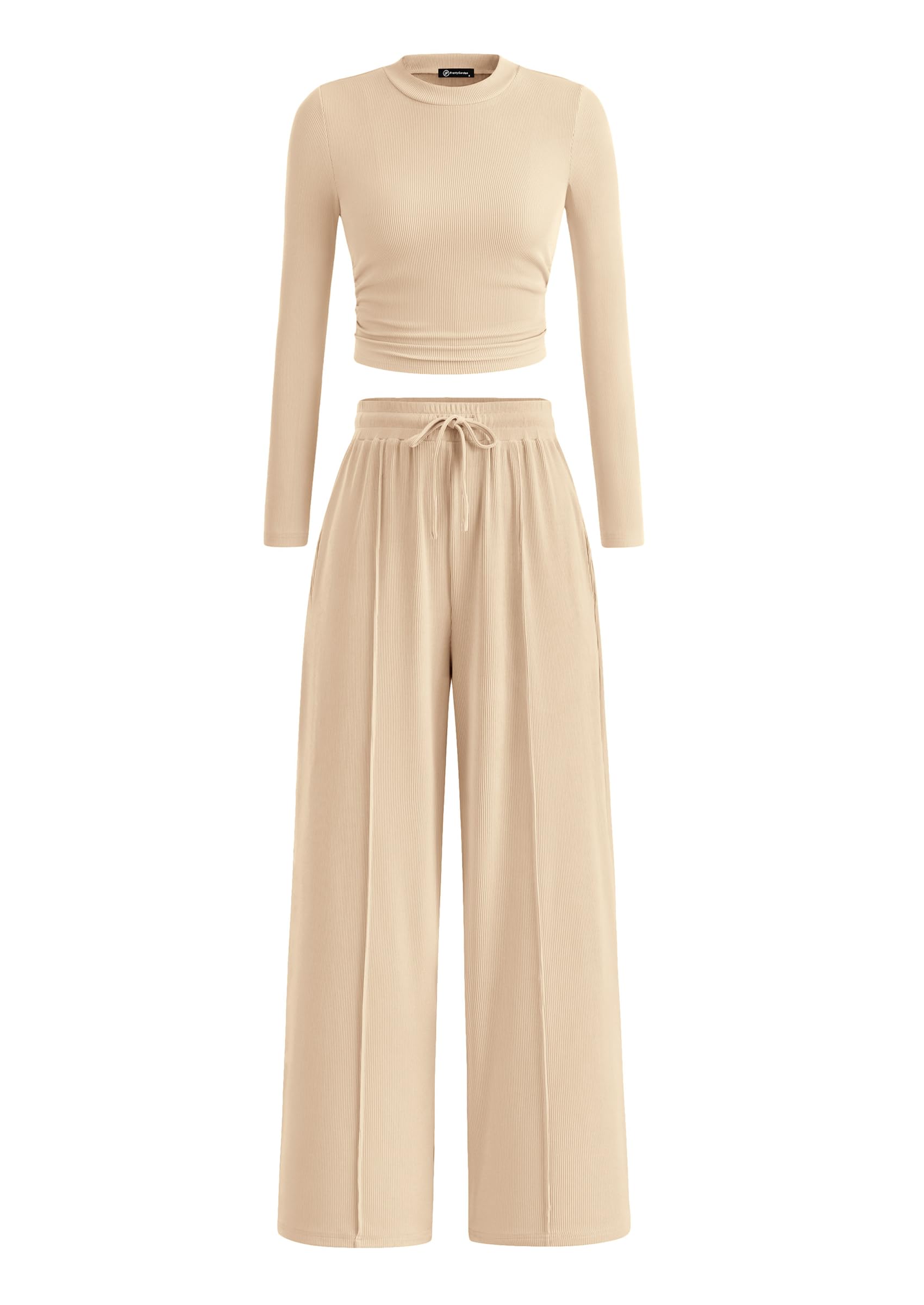 PRETTYGARDEN Women's 2 Piece Loungewear Long Sleeve Crop Top Wide Leg Palazzo Pants Set Tracksuits Casual Outfit