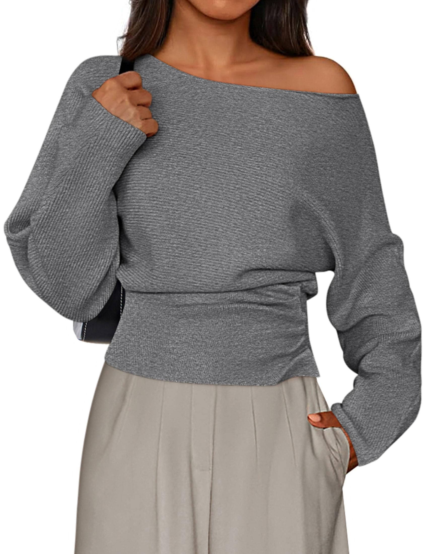 PRETTYGARDEN Women Off the Shoulder Sweater  Fall Trendy Long Batwing Sleeve Knit Pullover Going Out Tops Winter Clothing