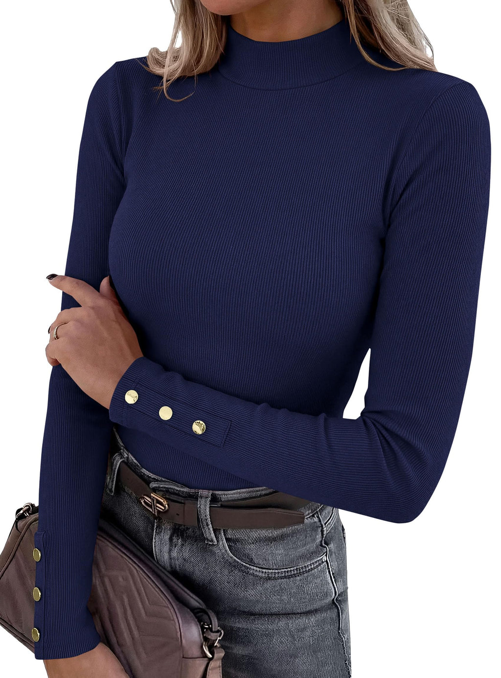 PRETTYGARDEN Women's Ribbed Mock Neck Long Sleeve Tops | Slim Fitted T-Shirts, Soft Stretch, Decorative Buttons, Going Out Work Casual Wear, Fall Outfits Layering Winter Clothes