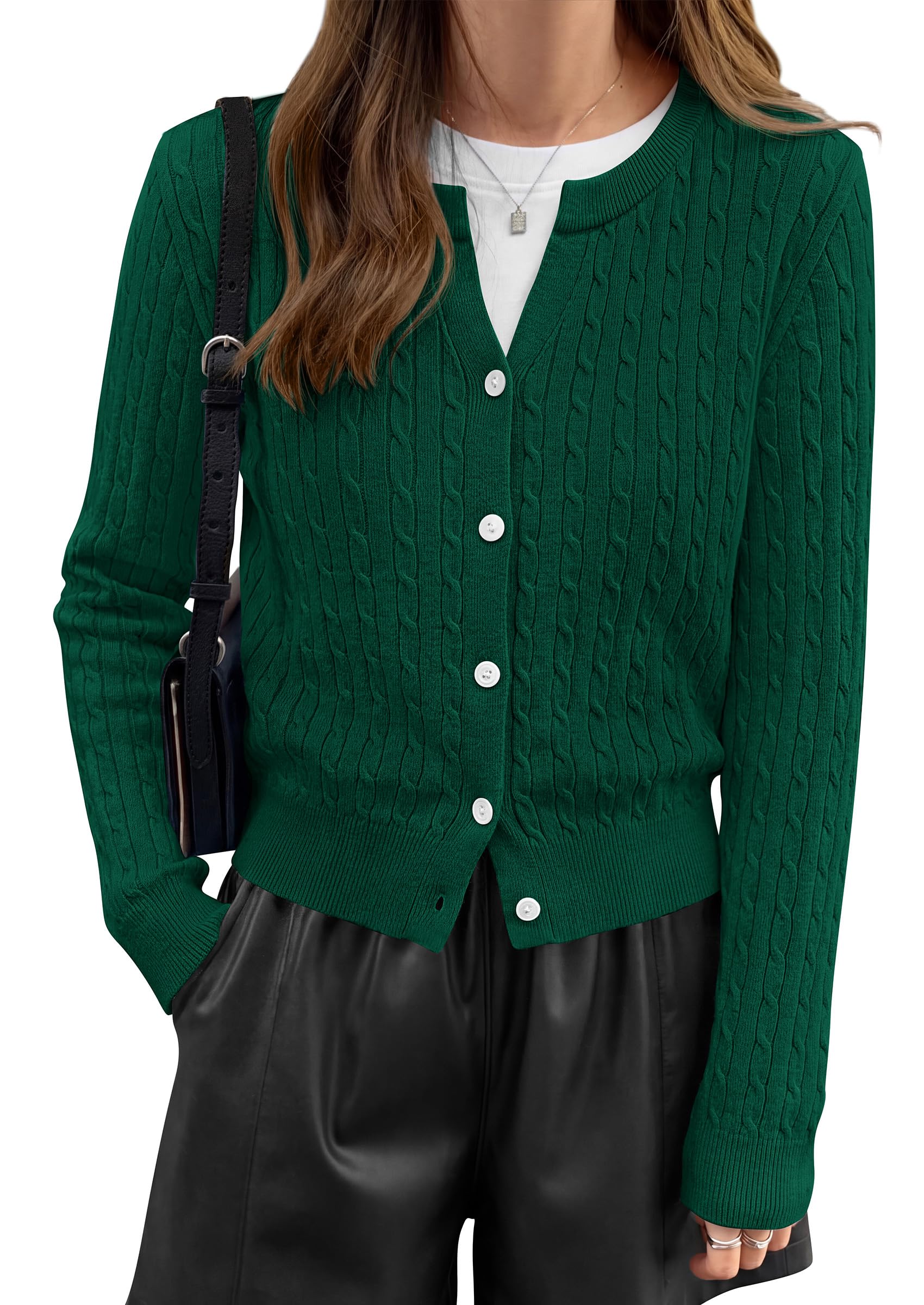 FreshPretty Women's Cable Knit Cropped Cardigan Sweater V Neck Button Down | Soft Lightweight Cable Knit, Long Sleeve, V Neck Button Front, Cropped Ribbed Trim, Business Casual Fall Winter Layering