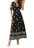 PRETTYGARDEN Womens Summer Boho Maxi Dress Trendy Short Sleeve V Neck Flowy Beach Floral Dresses with Pockets