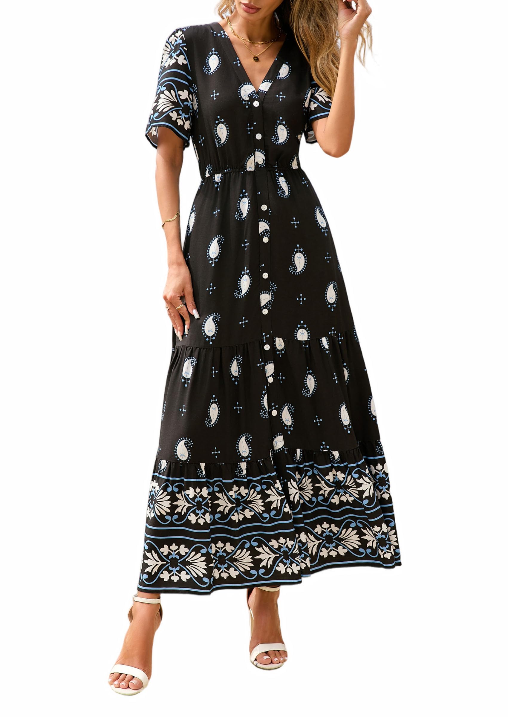 PRETTYGARDEN Womens Summer Boho Maxi Dress Trendy Short Sleeve V Neck Flowy Beach Floral Dresses with Pockets