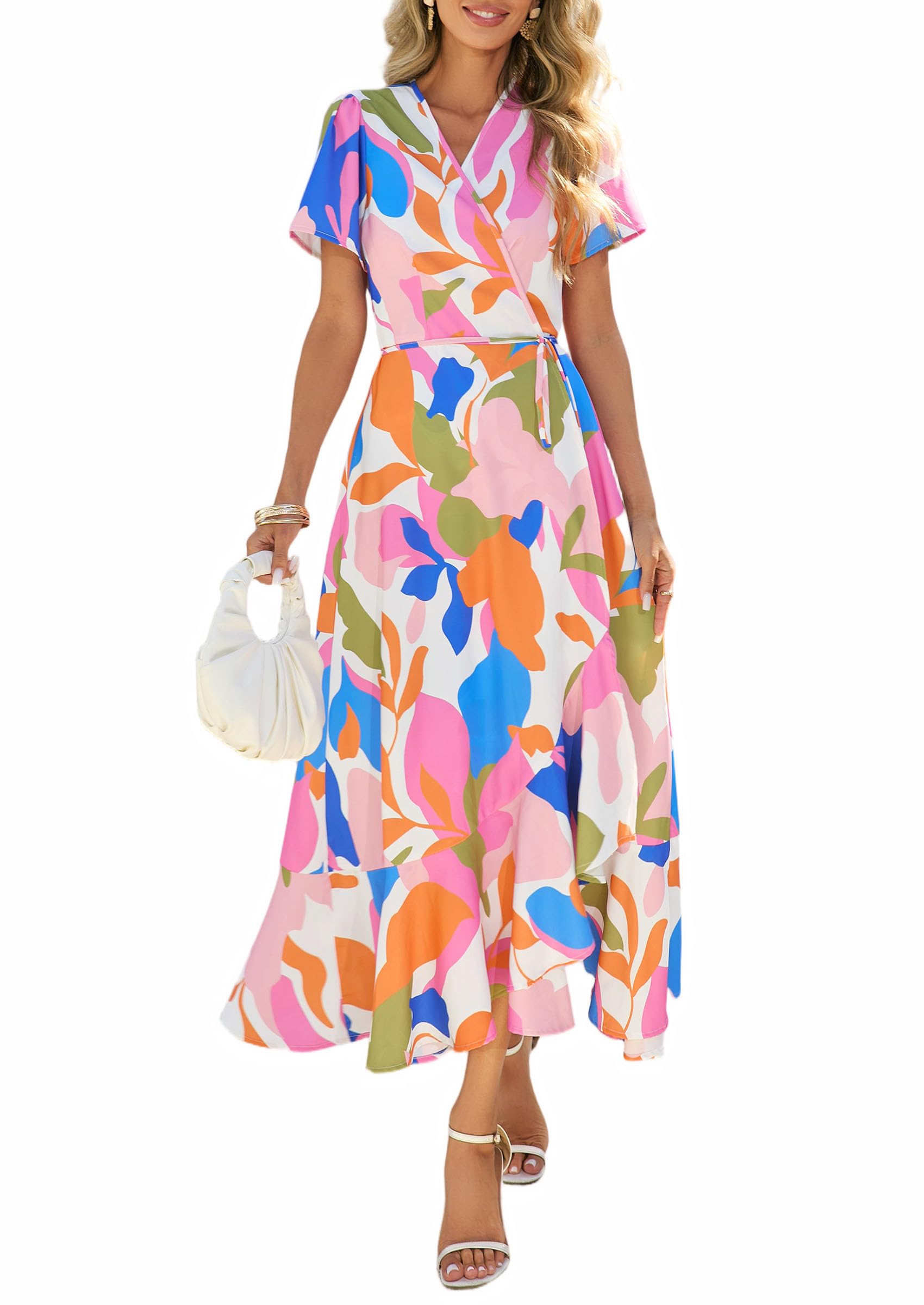 PRETTYGARDEN Women's Summer Maxi Dress Casual Wrap Floral Boho Short Sleeve V Neck Split Ruffle Beach Long Dresses