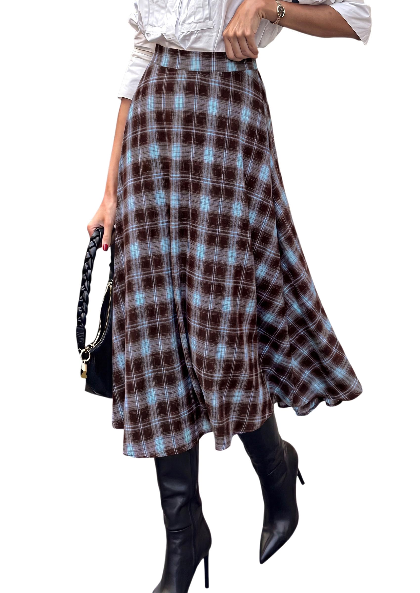 PRETTYGARDEN Women's Plaid High Waisted A-Line Midi Skirts
