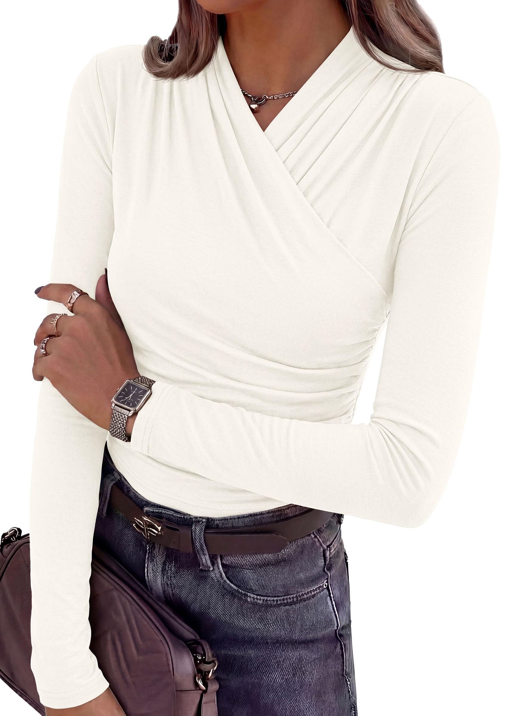 PRETTYGARDEN Womens Long Sleeve Shirts Going Out Wrap Top | Soft Heathered Stretchy Viscose Fitted Blouse, V Neck Ruched Waist Dressy Tops, Office Business Casual Fall Winter Daily Wear