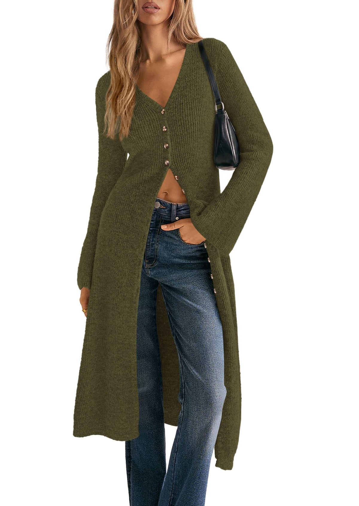 PRETTYGARDEN Women Long Cardigan Bell Sleeve Sweater Dress Early Fall Fashion, V Neck Button Down Coats, Fit and Flare, Duster Sweater, Acrylic Cotton Blend