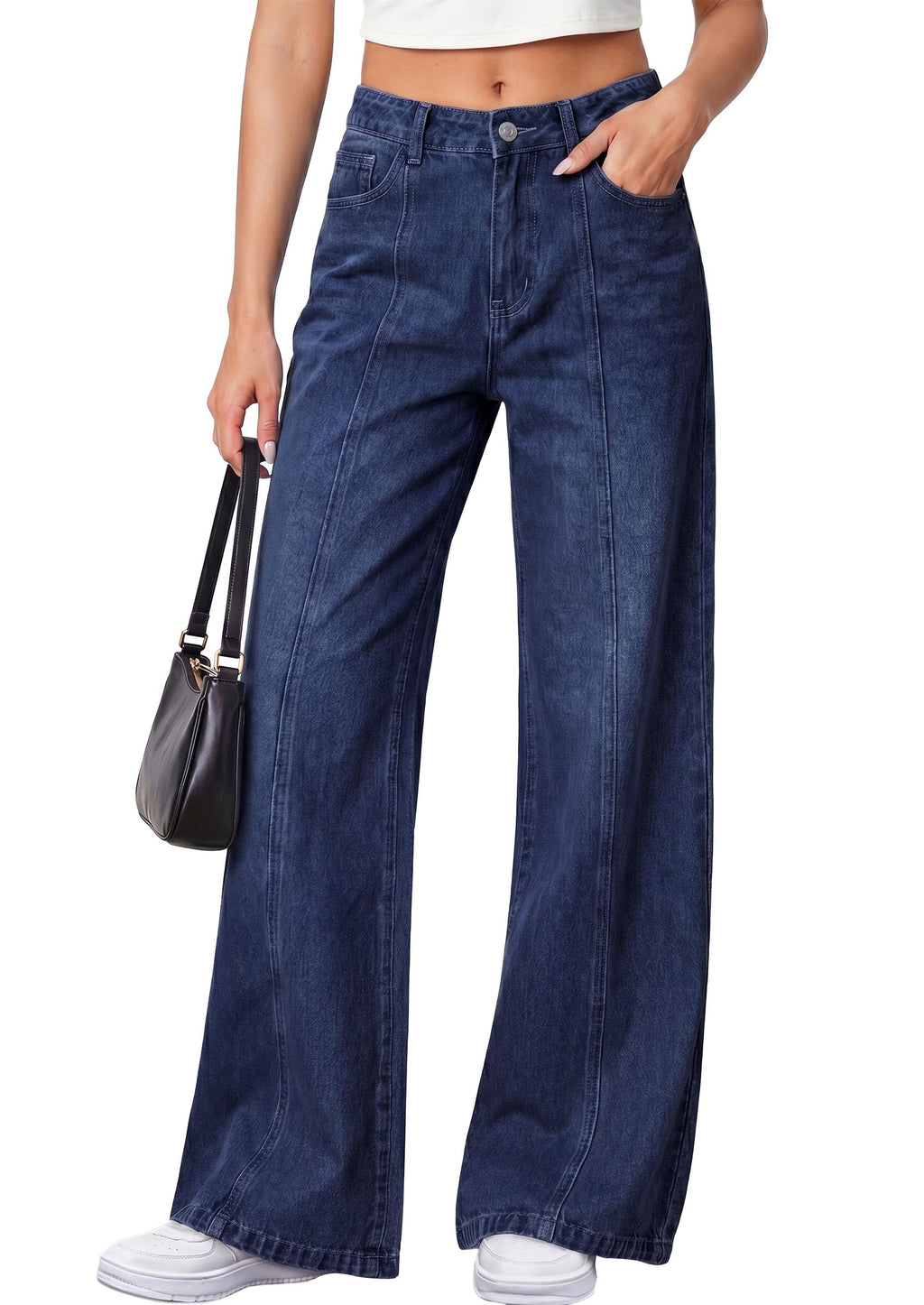 PRETTYGARDEN Women's Wide Leg Jeans High Waisted Stretchy Baggy Seamed Front Denim Palazzo Pants Summer Fashion Clothes
