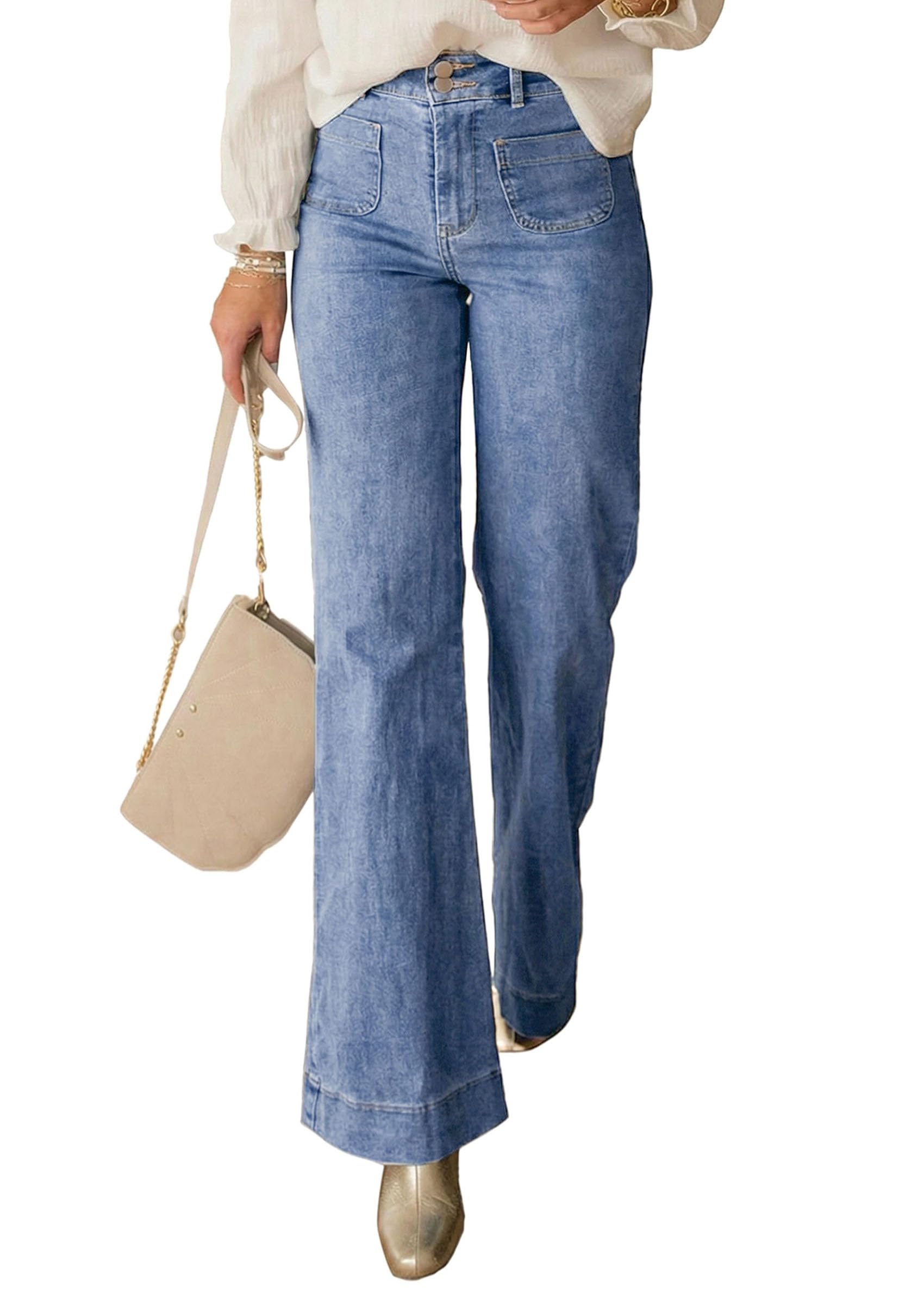 PRETTYGARDEN Womens Wide Leg Jeans High Waisted Stretchy | High Rise Flare Jeans with Front Patch Pockets, Loose Fit Daily Wear Denim, Trendy Office Work Pants, Business Casual Outfits