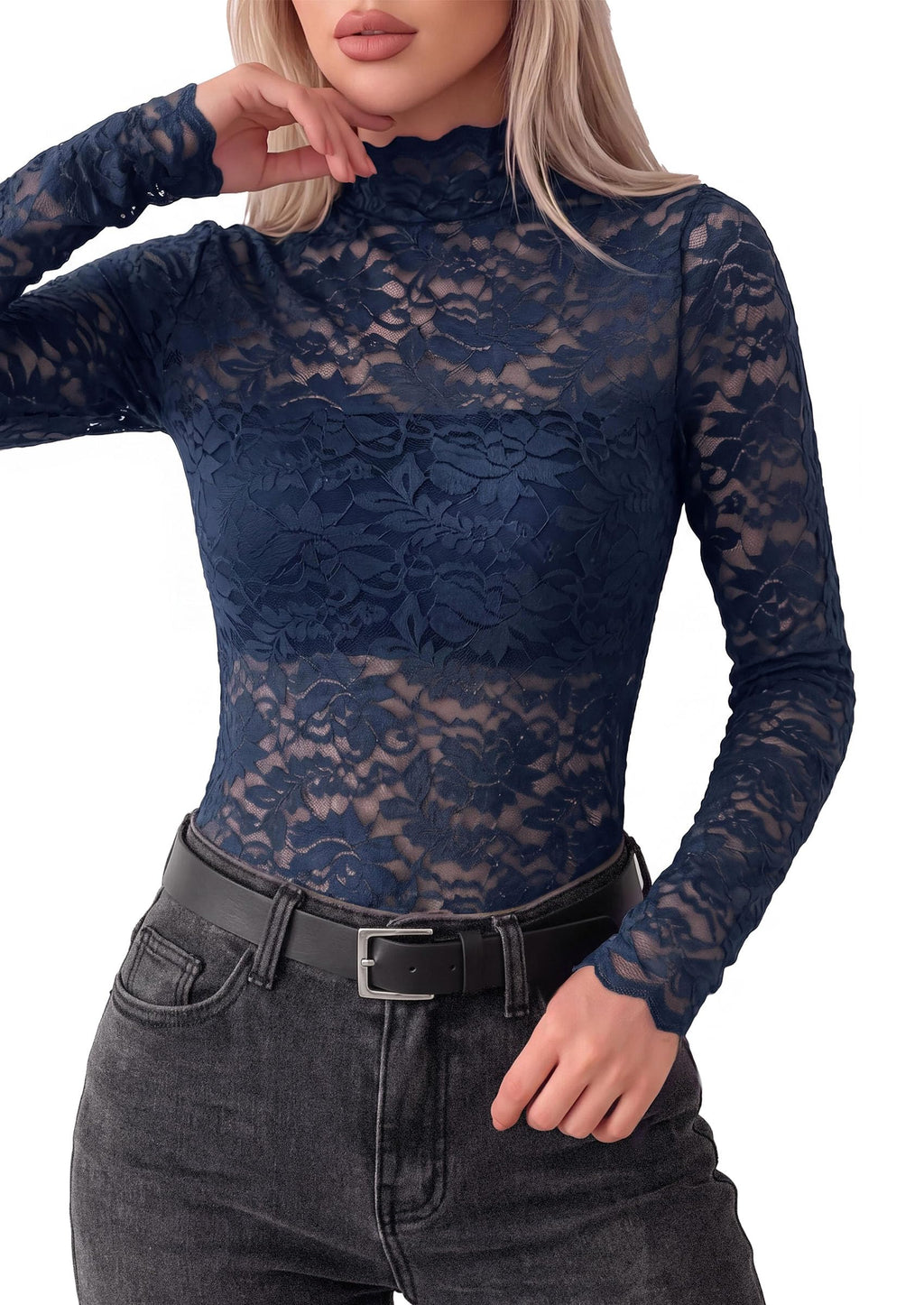 PRETTYGARDEN Womens Lace Long Sleeve Tops Sheer Mesh Blouse | Mock Neck Floral See Through, Slim Fitted, Soft Stretchy Elegant, Going Out Concert, Club Party Outfits, Fall Fashion Clothes