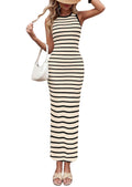 PRETTYGARDEN Sundresses for Women  Summer Striped Knit Side Slit Spring Fashion Bodycon Maxi Dress Beach Vacation Clothes