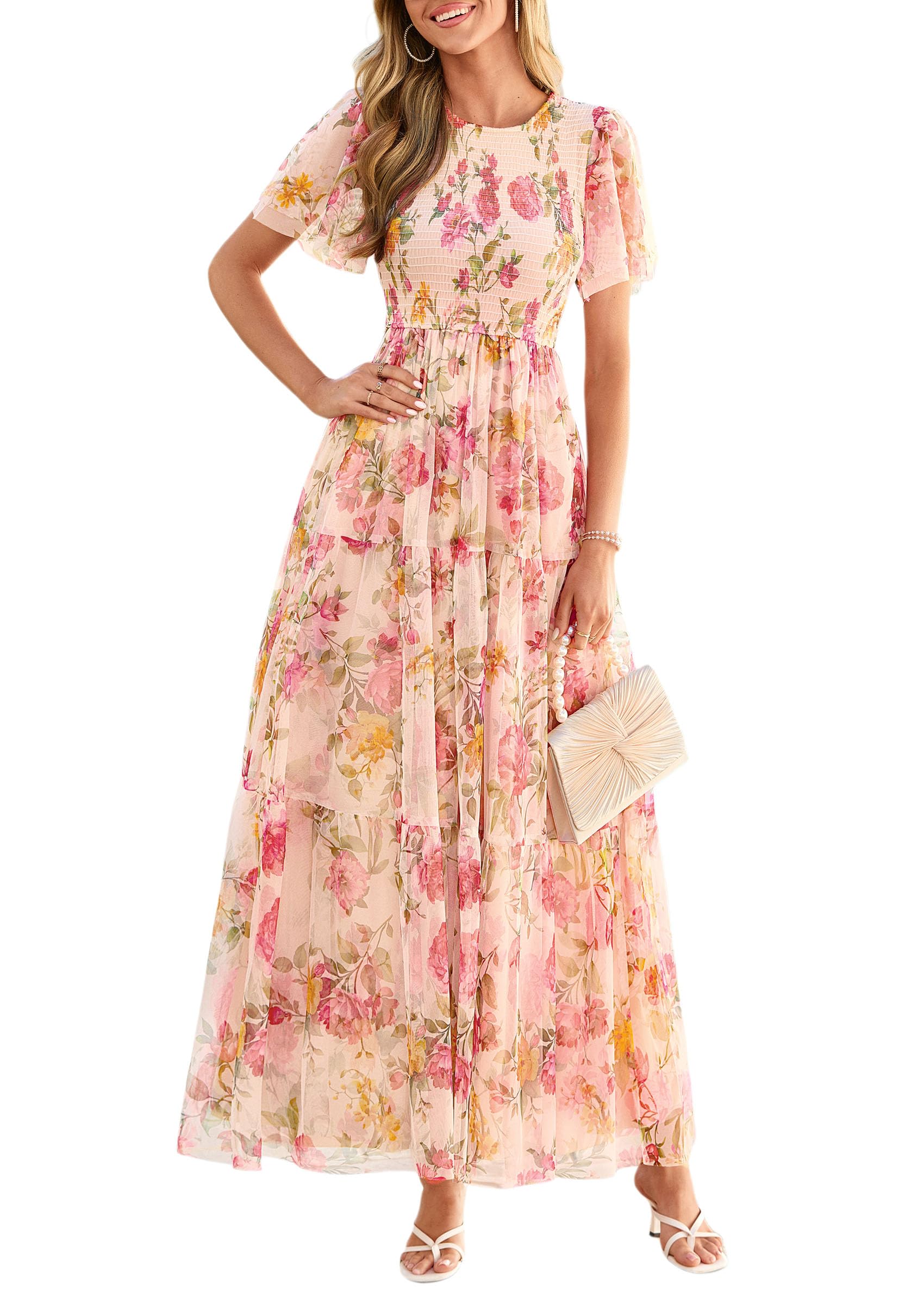 PRETTYGARDEN Tulle Floral Dress Women Summer Wedding Guest  Spring Short Sleeve Maxi Smocked Flowy Beach Party Dresses