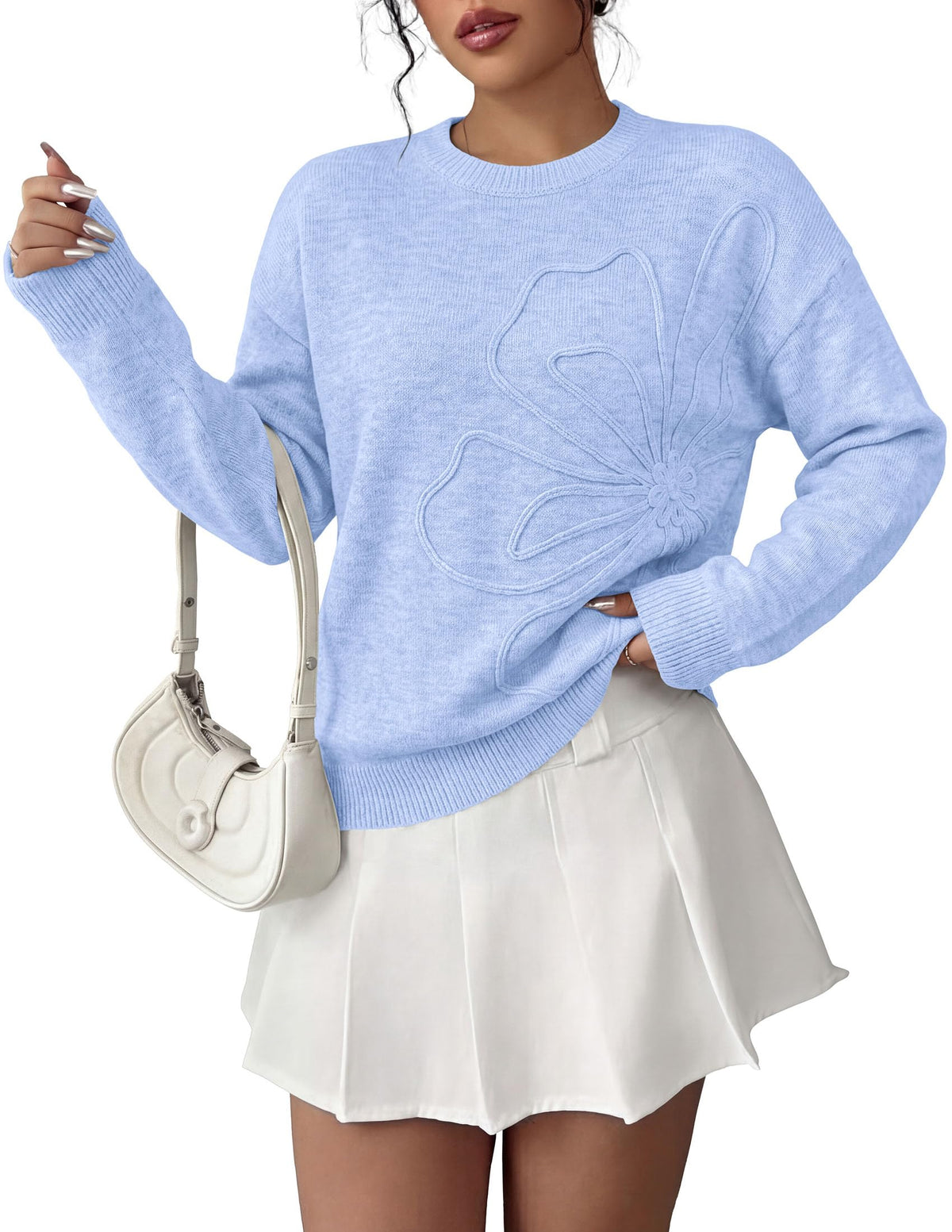 PRETTYGARDEN Women Fall Sweaters Trendy Floral Knit Pullover | Flower Embroidered Tops, Crew Neck, Soft Long Sleeve Shirts, Cozy Winter Layering Clothes for Casual Outing, Holiday Party