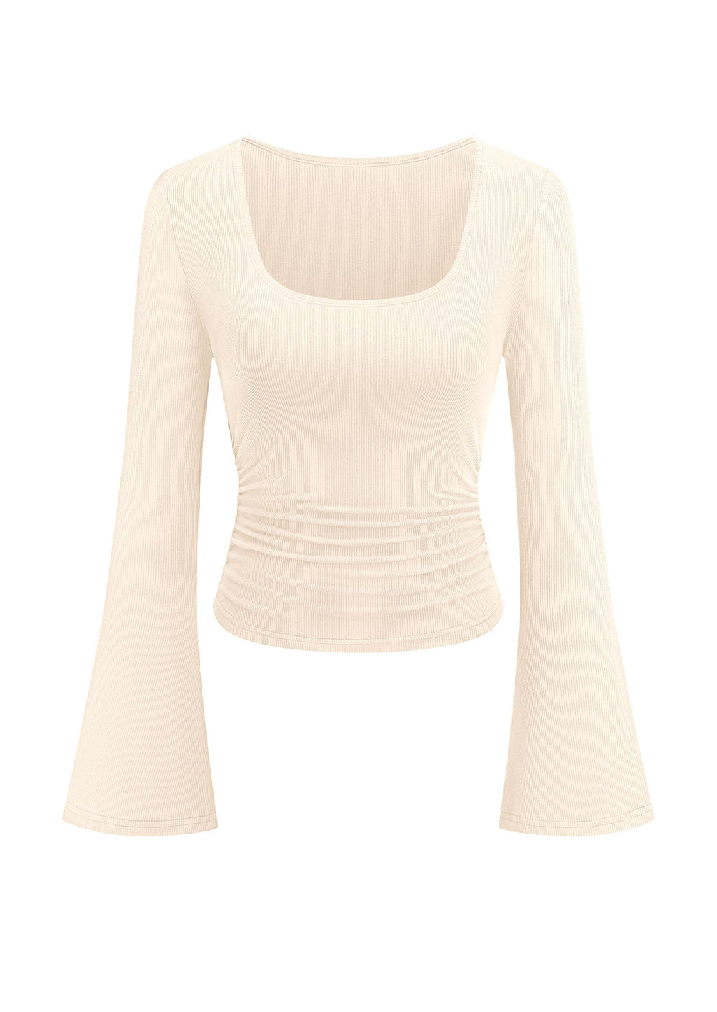 PRETTYGARDEN Womens Bell Long Sleeve Shirts Going Out Tops | Soft Stretchy Ribbed Knit, Square Neck, Slim Fit Y2K Clothes, Trendy Side Ruched, Layering Tee for Casual Fall & Winter Wear