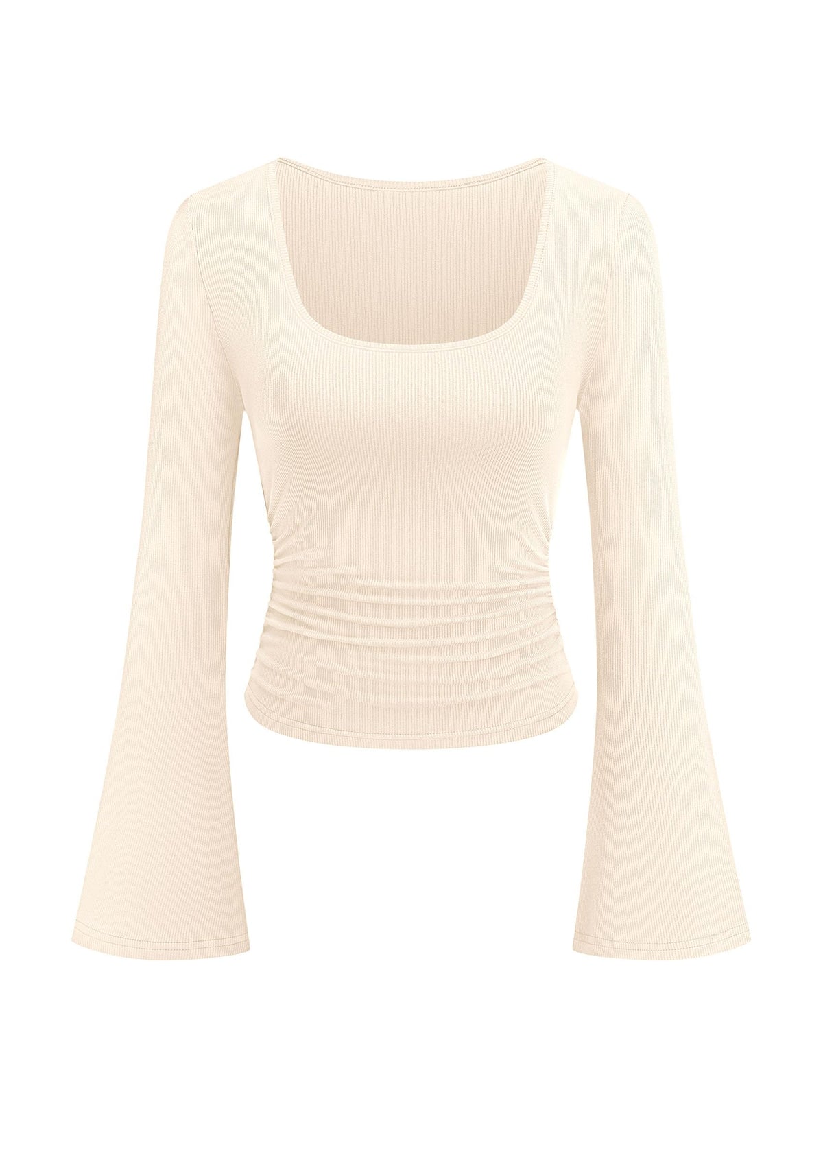 PRETTYGARDEN Womens Bell Long Sleeve Shirts Going Out Tops | Soft Stretchy Ribbed Knit, Square Neck, Slim Fit Y2K Clothes, Trendy Side Ruched, Layering Tee for Casual Fall & Winter Wear
