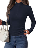 PRETTYGARDEN Women's Fall Quarter Zip Long Sleeve Shirts | Soft Stretchy Ribbed Knit, Collared Zipper Slim Fitted, Raglan Sleeves Pullover, Dressy Casual Tops, Trendy Going Out Outfits