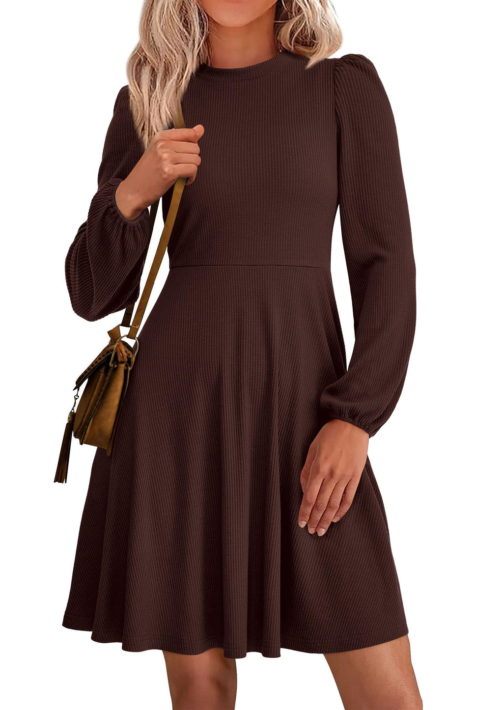 PRETTYGARDEN Womens Long Sleeve Mini Dress  Fall Trendy Crewneck Ribbed Knit Soft A Line Flowy Summer Formal Dresses