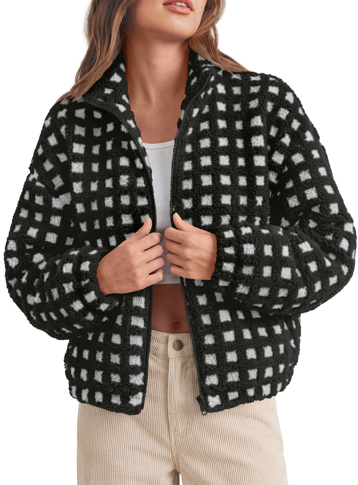 PRETTYGARDEN Women's Gingham Sherpa Fleece Jacket Plaid Cropped Teddy Coat Trendy Y2K Winter Jacket, Zip Up Stand Collar, Side Pockets, Fall Outfit for Casual Daily, Going Out, Streetwear, Outdoor