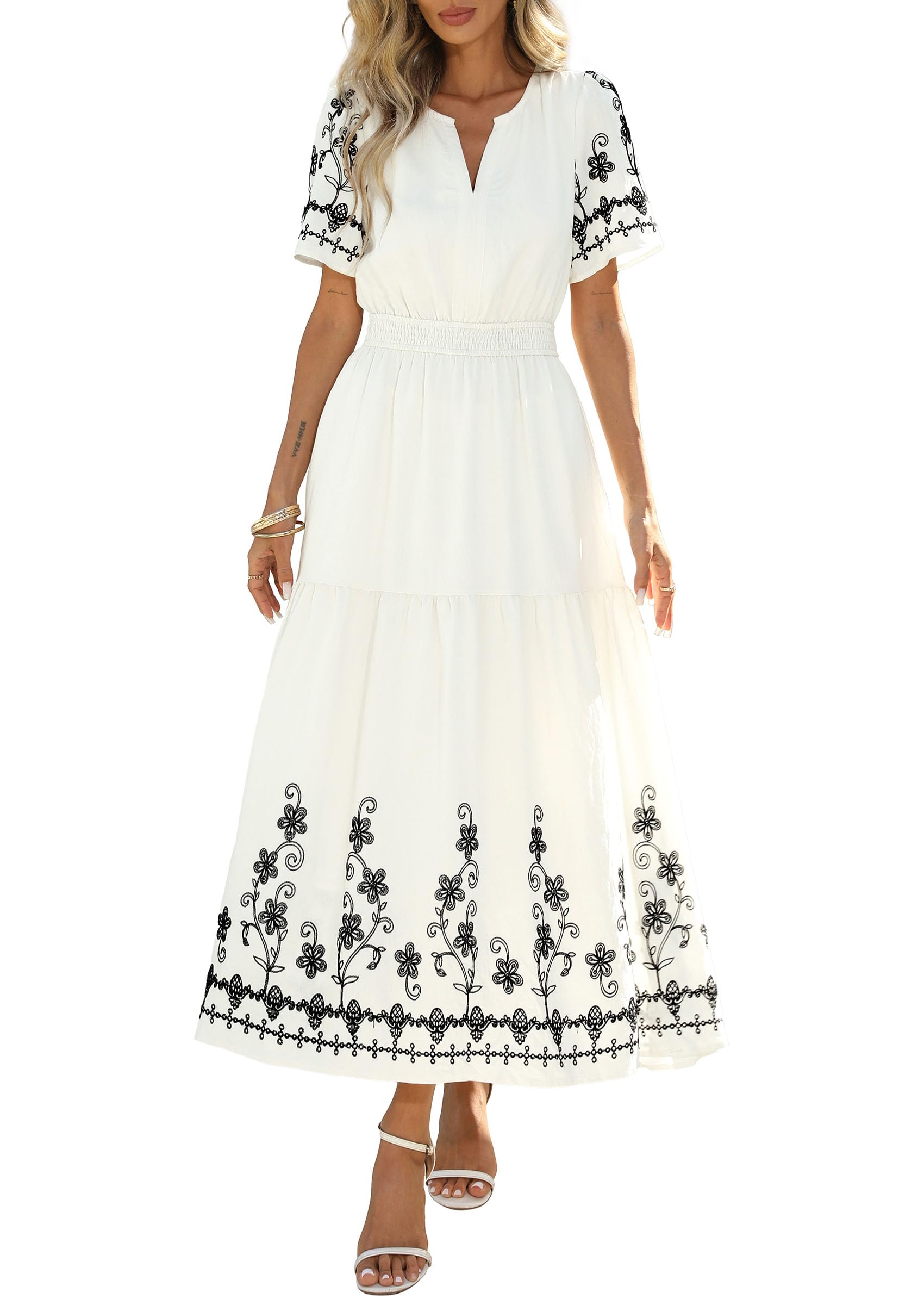 PRETTYGARDEN Women's Summer Boho Maxi Dress Spring Floral Short Sleeve V Neck A Line Flowy Beach Wedding Guest Dresses