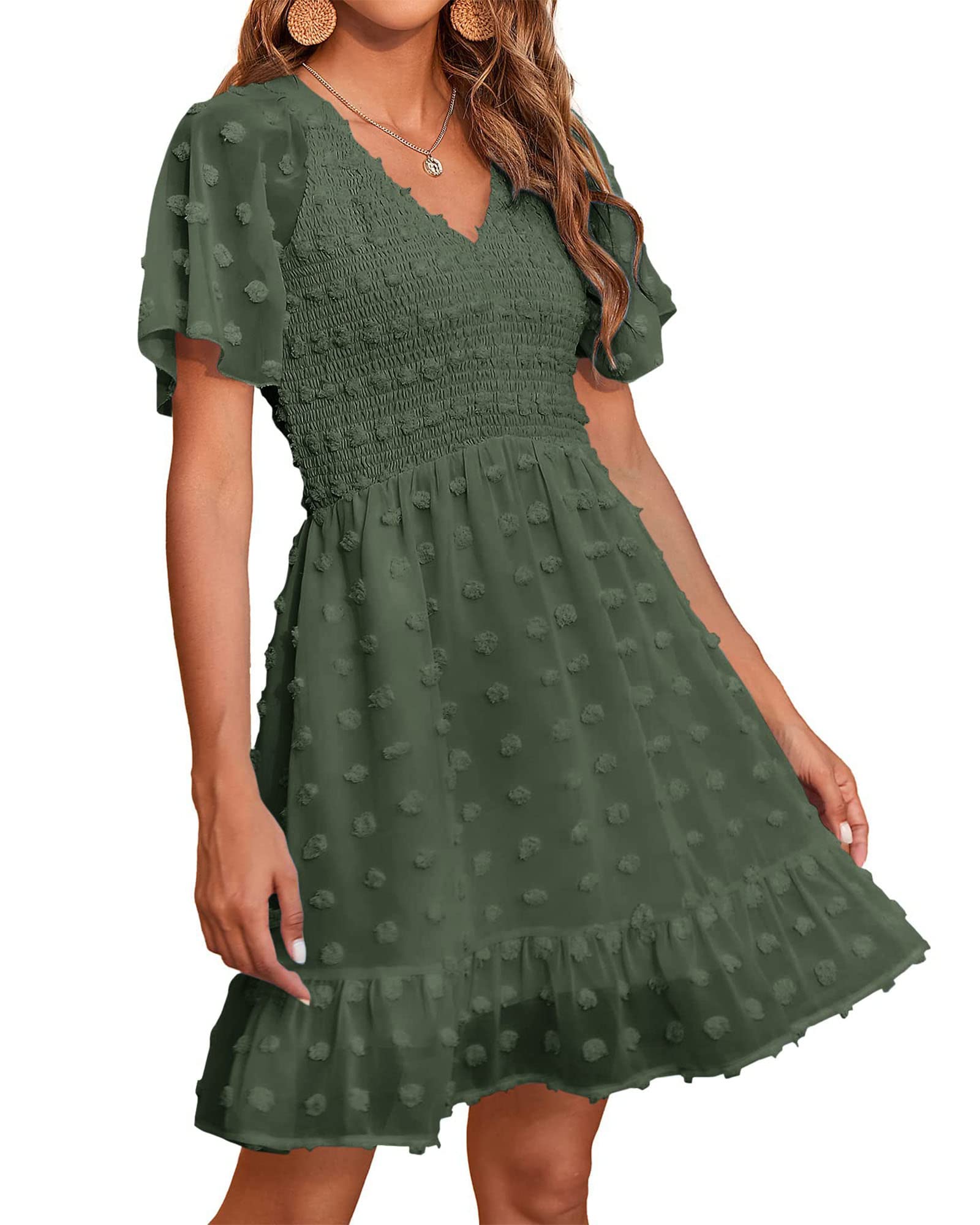 FreshPretty Womens Beach Vacation Dress Summer V Neck Short Sleeve Smocked Swiss Dot Ruffle Casual Mini Spring Dresses