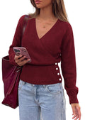 PRETTYGARDEN Women V Neck Wrap Sweater Cropped Tops，Fall Winter Fashion , Business Casual Outfits, Stretchy Soft knit, Wide Ribbed Hem with Side Buttons Pullover Sweaters