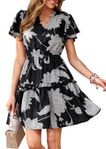 PRETTYGARDEN Womens Summer Floral Mini Dress  Trendy Ruffle Short Sleeve V Neck Flowy A Line Short Beach Dresses