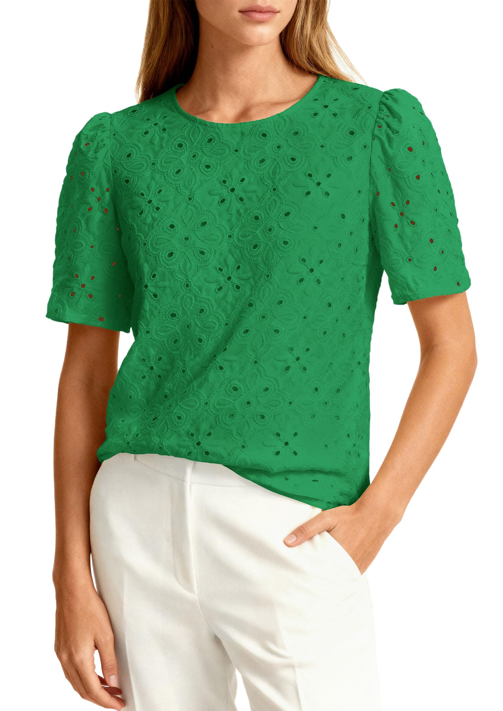 PRETTYGARDEN Women's Puff Short Sleeve Eyelet Shirts Summer Lace Blouses Dressy Casual Work Tops Spring Teacher Clothes