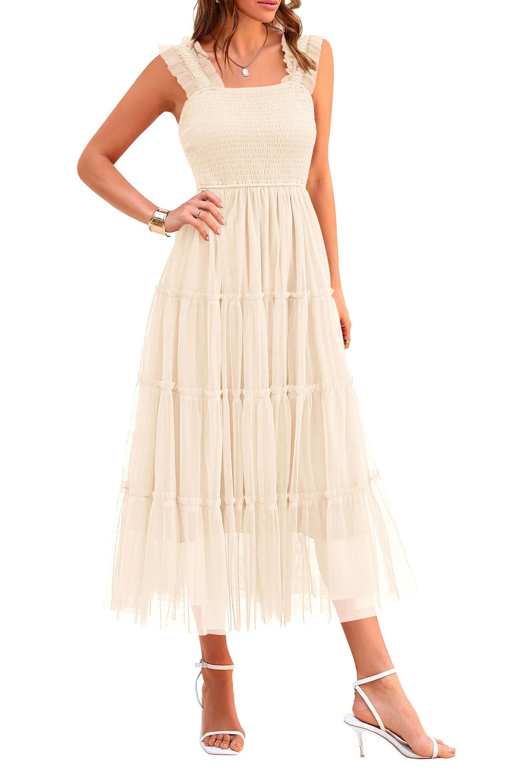 PRETTYGARDEN Women's Summer Tulle Midi Dress Sleeveless Smocked Ruffle Flowy Mesh Dresses Party Wedding Guest Sundress