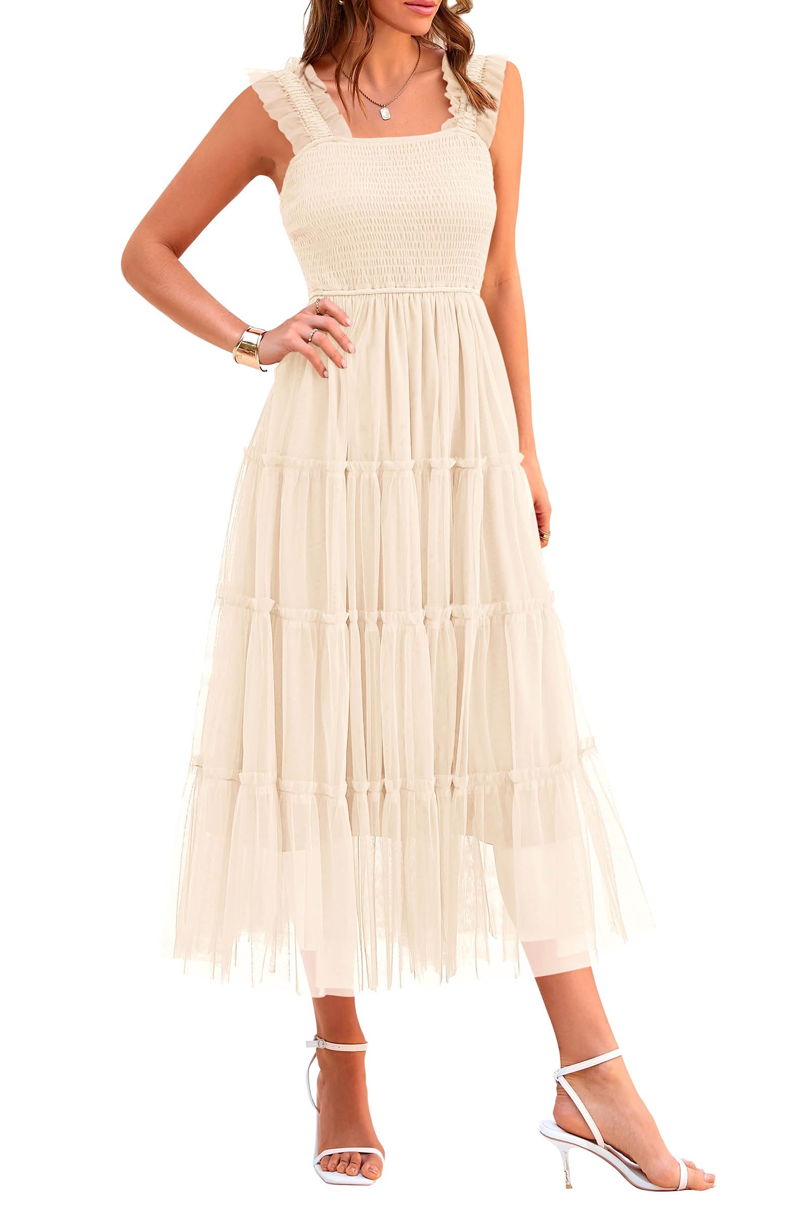 PRETTYGARDEN Women's Summer Tulle Midi Dress Sleeveless Smocked Ruffle Flowy Mesh Dresses Party Wedding Guest Sundress