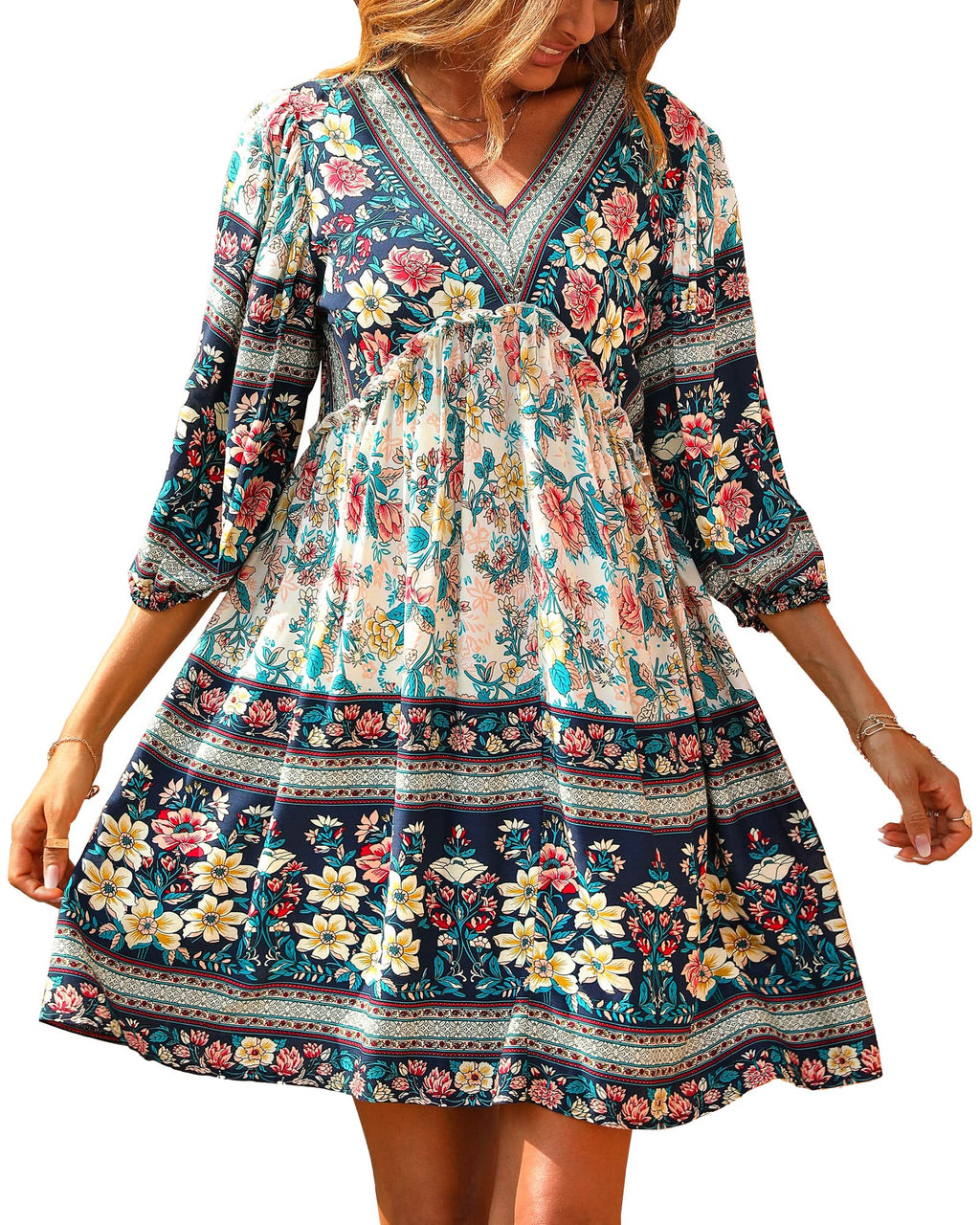 BTFBM Women Casual Spring Summer Dresses V Neck 3/4 Long Sleeve Ruffle Floral Flowy Boho Babydoll Mini Short Beach Dress