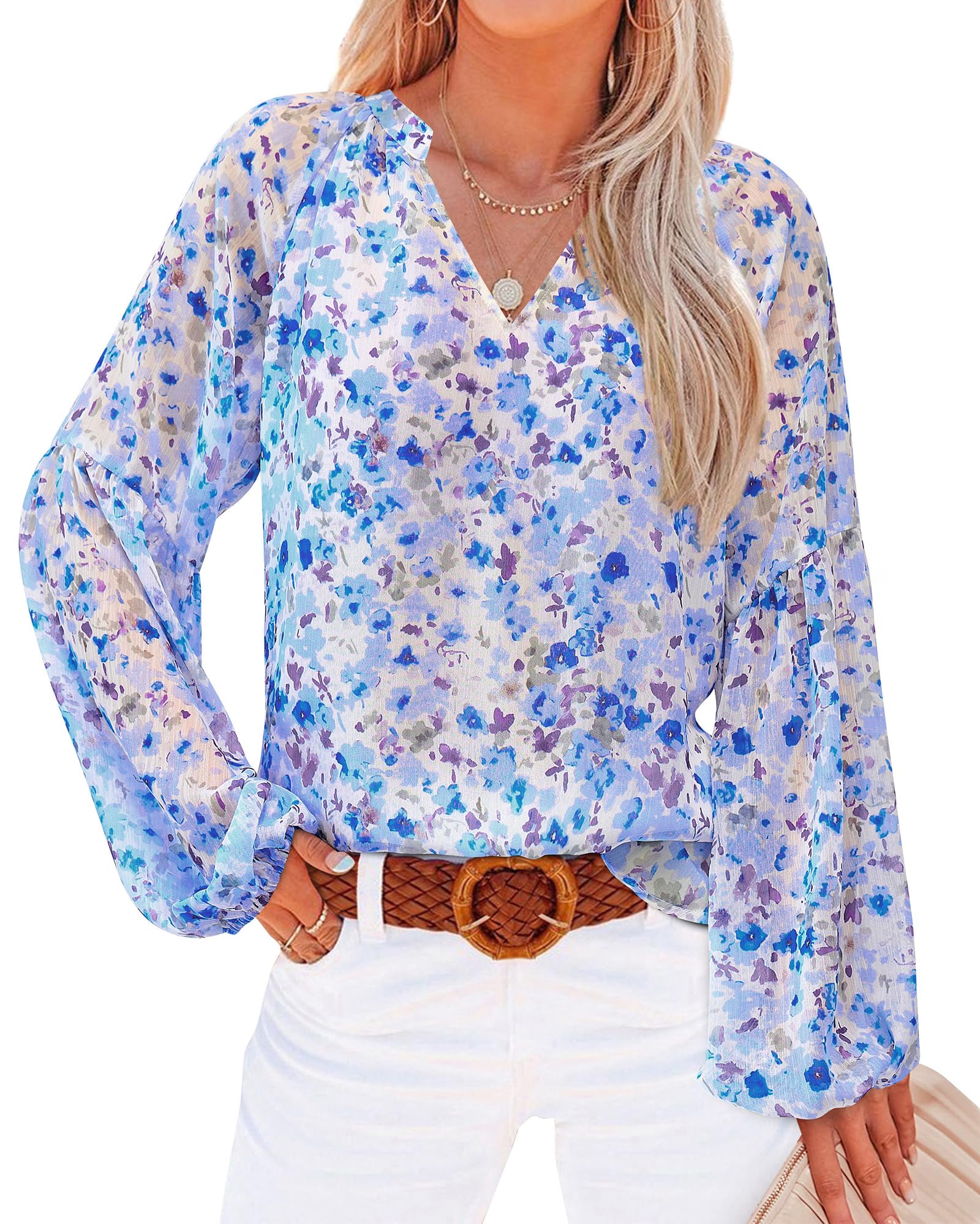 FreshPretty Blouses for Women Floral Boho Tops V Neck Lightweight Long Sleeve Shirts Fall Dressy Casual Vacation Outfits