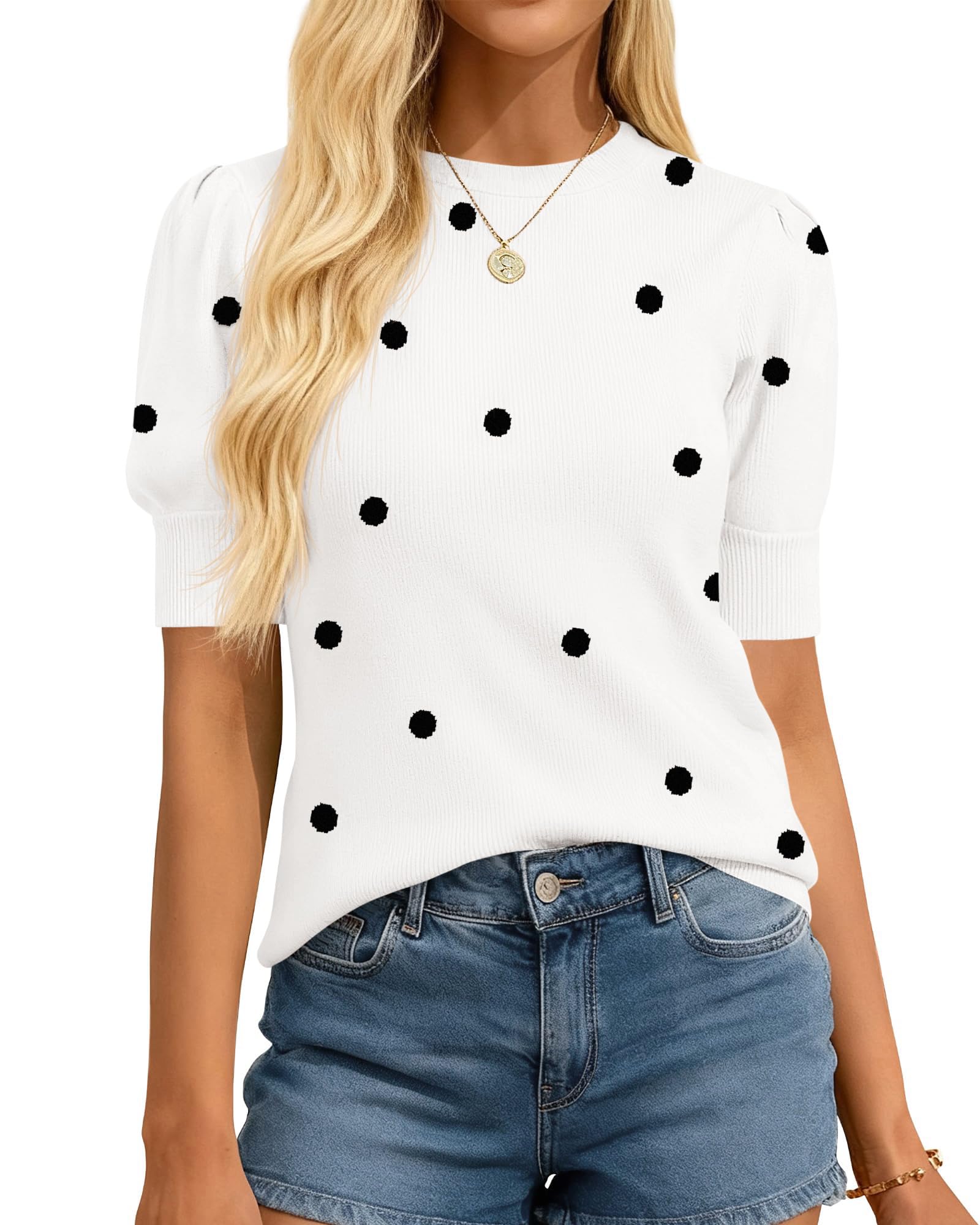 BTFBM Womens Sweaters Polka Dot Short Sleeve Sweater for Women Crew Neck Knit Summer Tops Business Dressy Casual Blouses