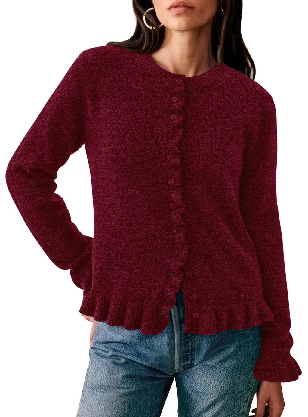 PRETTYGARDEN Womens Fall Button Down Cardigans Chunky Knit Ruffle Open Front Cropped Cardigan Sweaters Soft Long Sleeve Tops