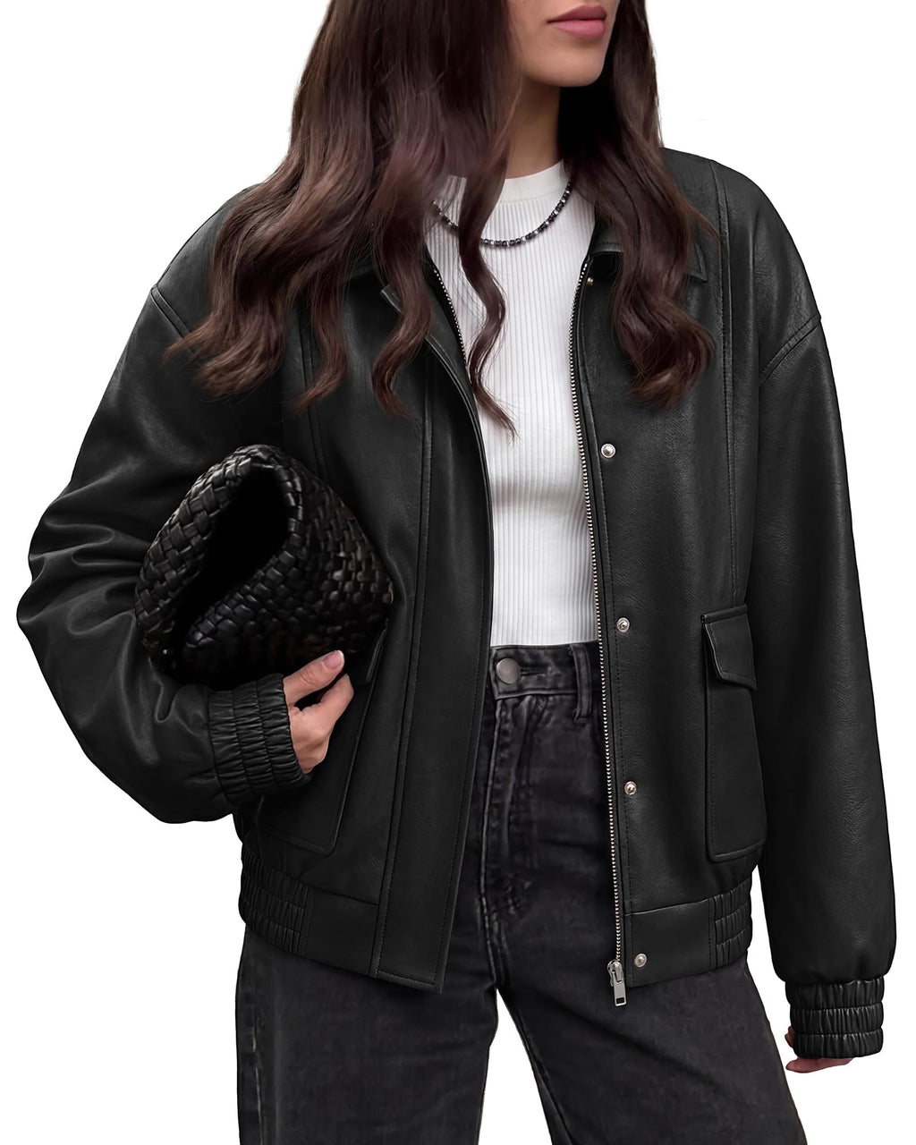 BTFBM Faux Leather Jacket Women Fall Clothes Long Sleeve, Bomber Jackets, Snaps, Pockets, Oversized, Zip Up Motorcycle Outerwear, Airport, Going Out Outfits, Winter Coat