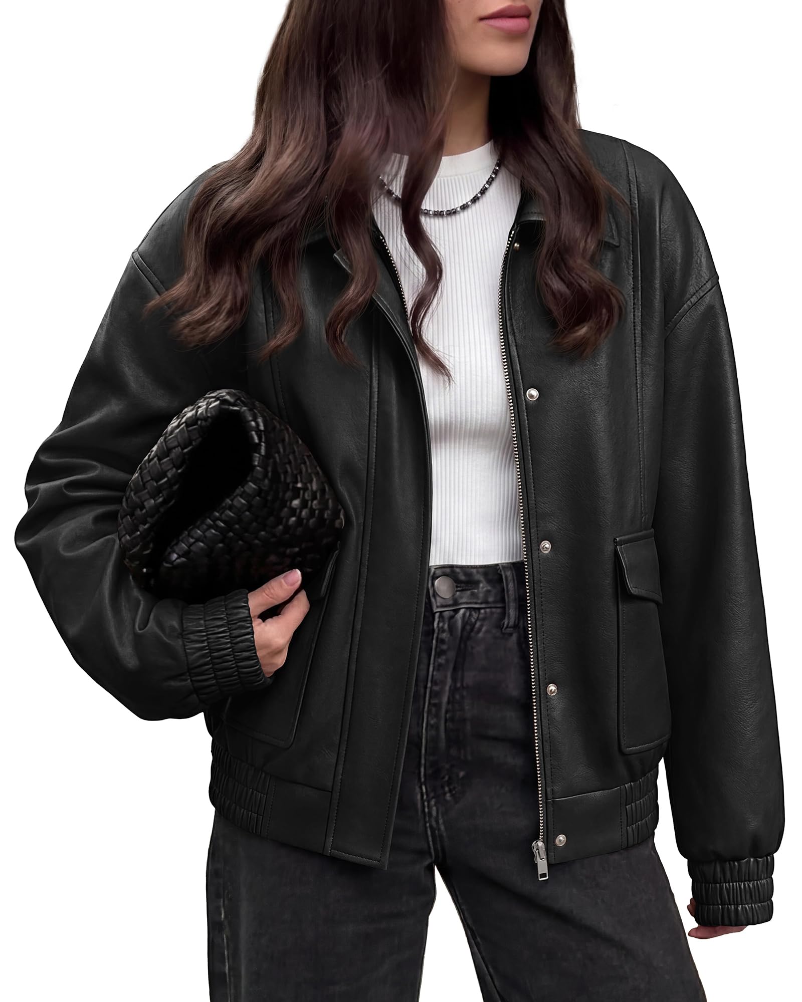 BTFBM Faux Leather Jacket Women Fall Clothes Long Sleeve, Bomber Jackets, Snaps, Pockets, Oversized, Zip Up Motorcycle Outerwear, Airport, Going Out Outfits, Winter Coat
