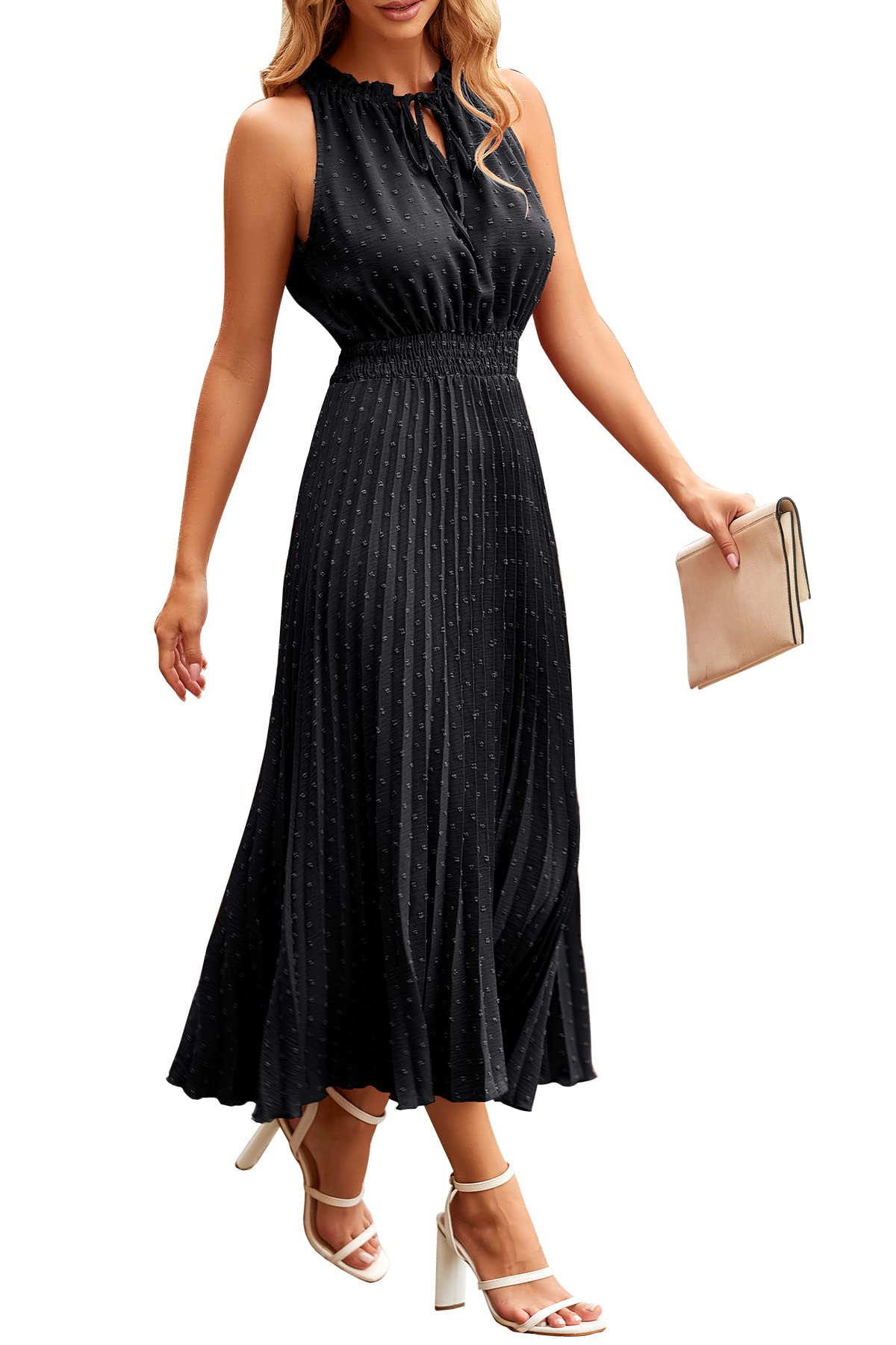PRETTYGARDEN Women's Midi Summer Dresses Casual V Neck Swiss Dot Ruffle Sleeveless A Line Beach Sun Dress
