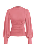 FreshPretty Blouses for Women Dressy Casual Spring Tops Fall Puff Long Sleeve Shirts Fitted Mock Neck Ruched Trendy Tops