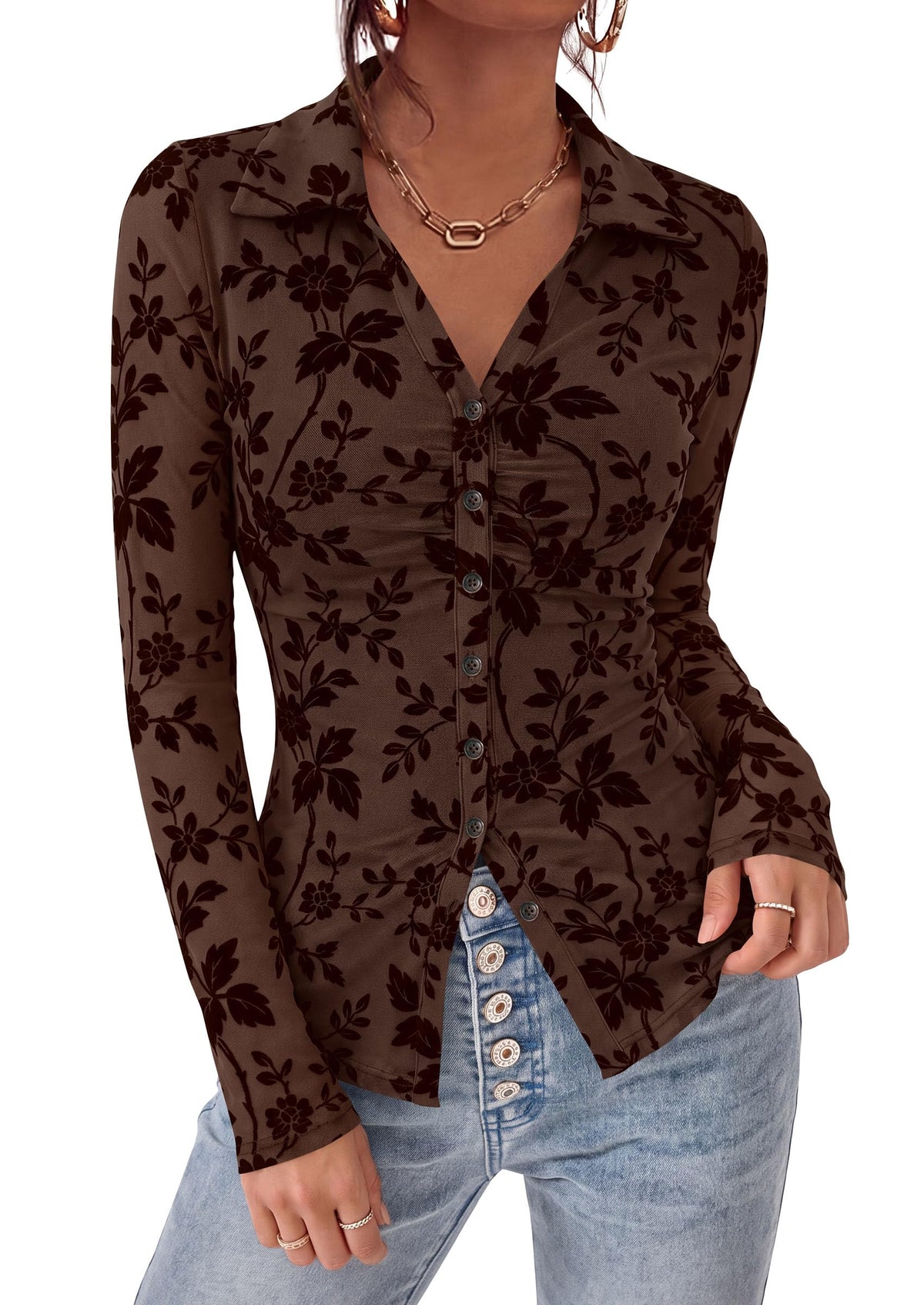 PRETTYGARDEN Women's Long Sleeve Floral Mesh Boho Tops Button Down Shirts Fall Blouses Dressy, Ruched Slim Fit, Collared V Neck, Trendy Going Out Date Night Outfit, Elegant Casual Work Office Clothes