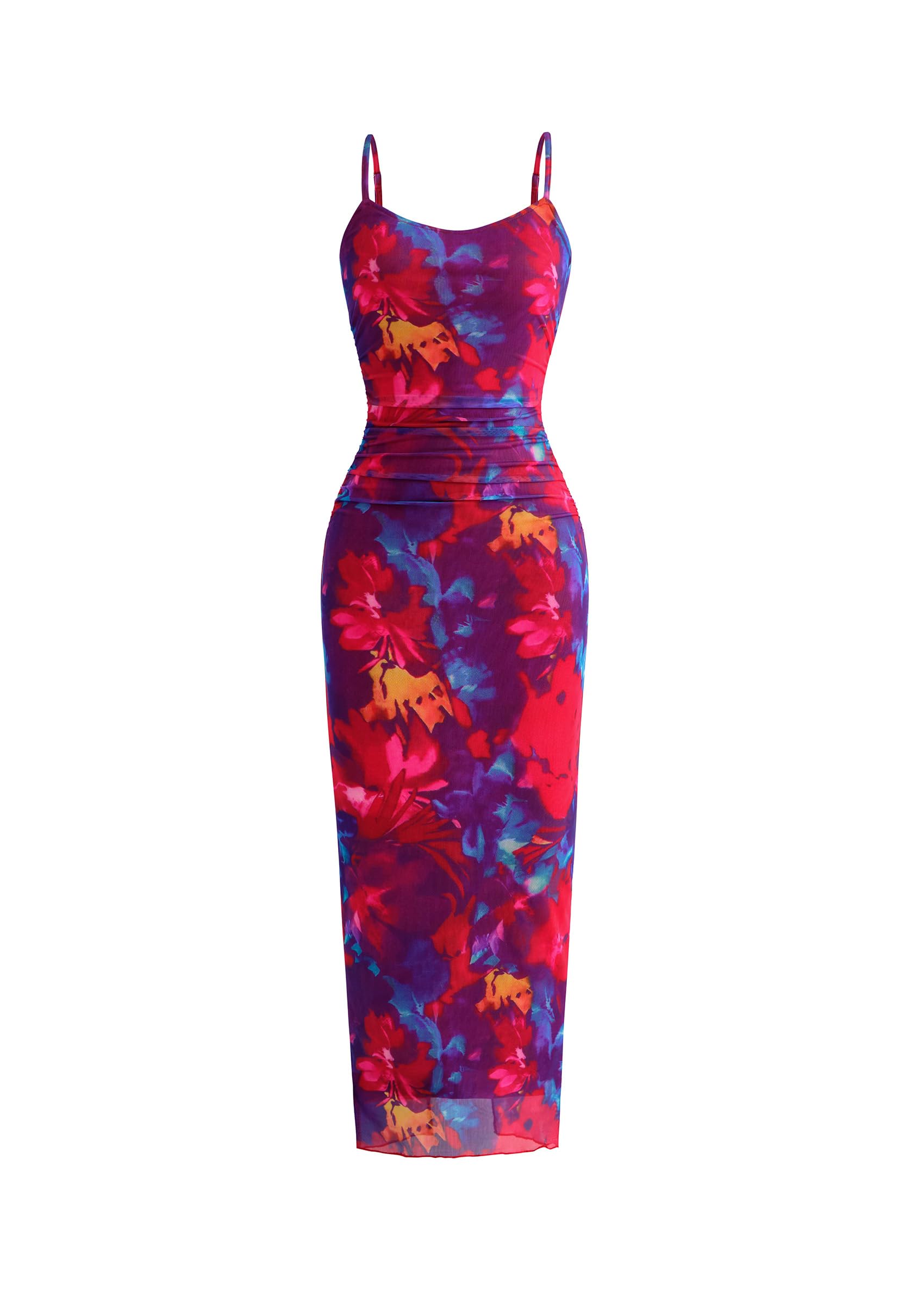 PRETTYGARDEN Summer Wedding Guest Dresses for Women Spaghetti Strap Mesh Bodycon Beach Vacation Floral Maxi Long Dresses