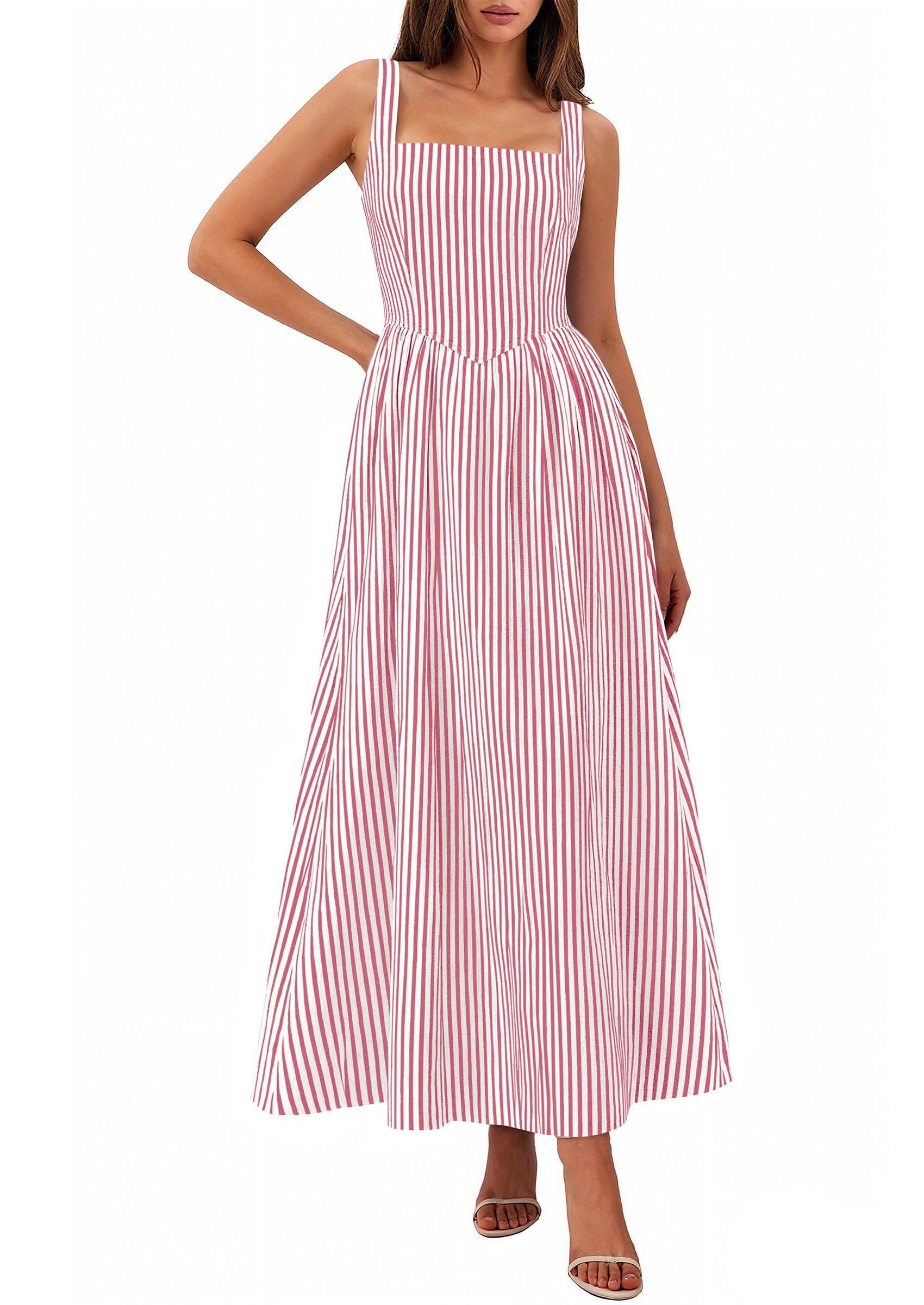 PRETTYGARDEN Women's Maxi Striped Dress Summer Sleeveless Square Neck Smocked A Line Long Flowy Spring Vacation Sundress