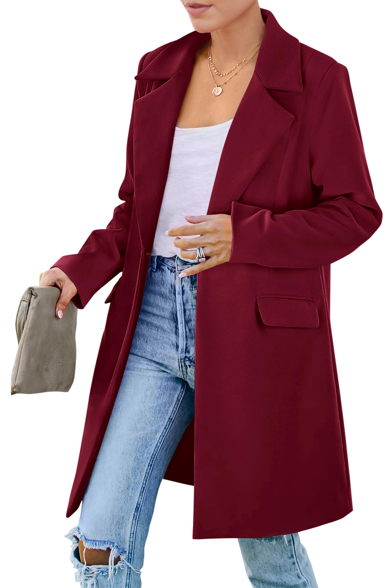 PRETTYGARDEN Women's Spring Fall Long Blazer Jackets Long Sleeve Lapel Pockets Loose Fit Work Casual Blazers Outerwear