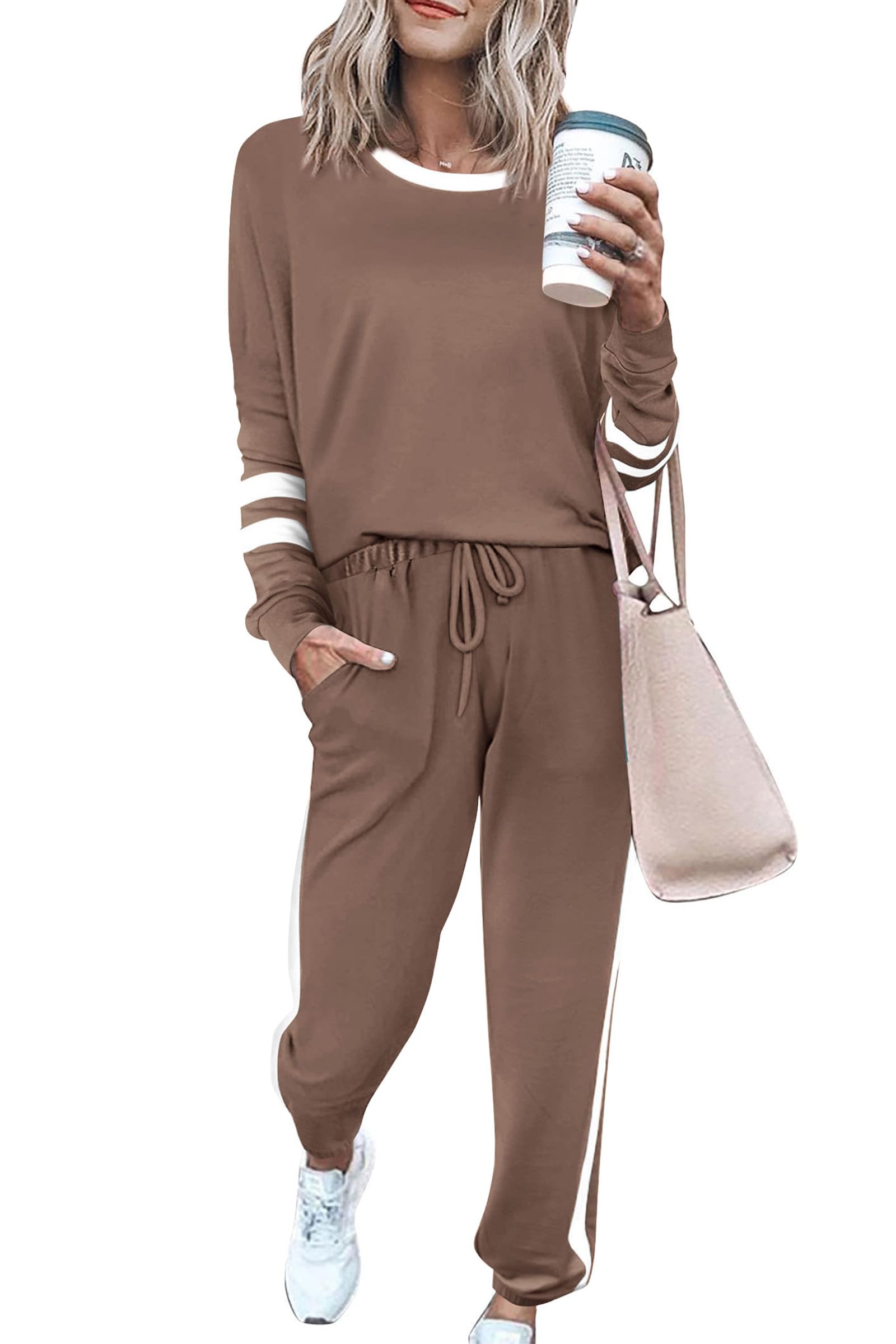 PRETTYGARDEN Women Fall 2 Piece Lounge Outfit Long Sleeve Tops High Waisted Jogger Pants Set Spring Travel Clothes Tracksuit