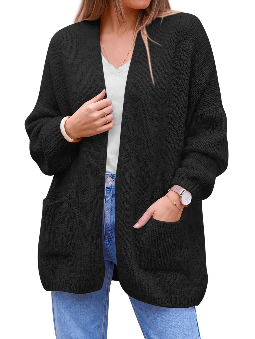 FreshPretty Cardigan Sweaters for Women 2026 Fall Clothes with Pockets,Lightweight Open Front Womens Jacket,Long Sleeve Trendy Fashion Clothing,Soft Loose Knit Business Casual Outfits