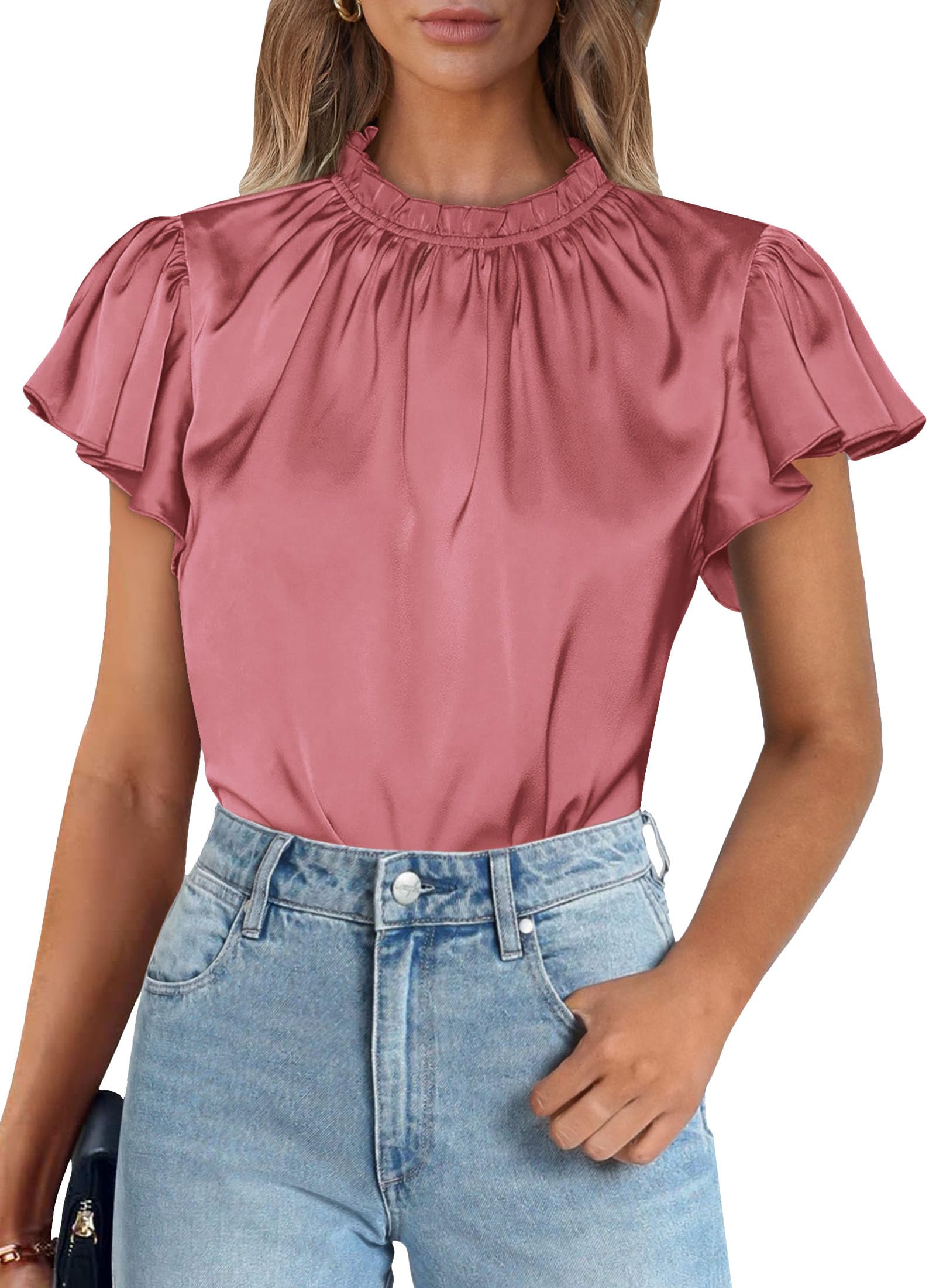 PRETTYGARDEN Business Casual Tops for Women Blouses Dressy  Summer Short Sleeve Ruffle Satin Work Office Attire