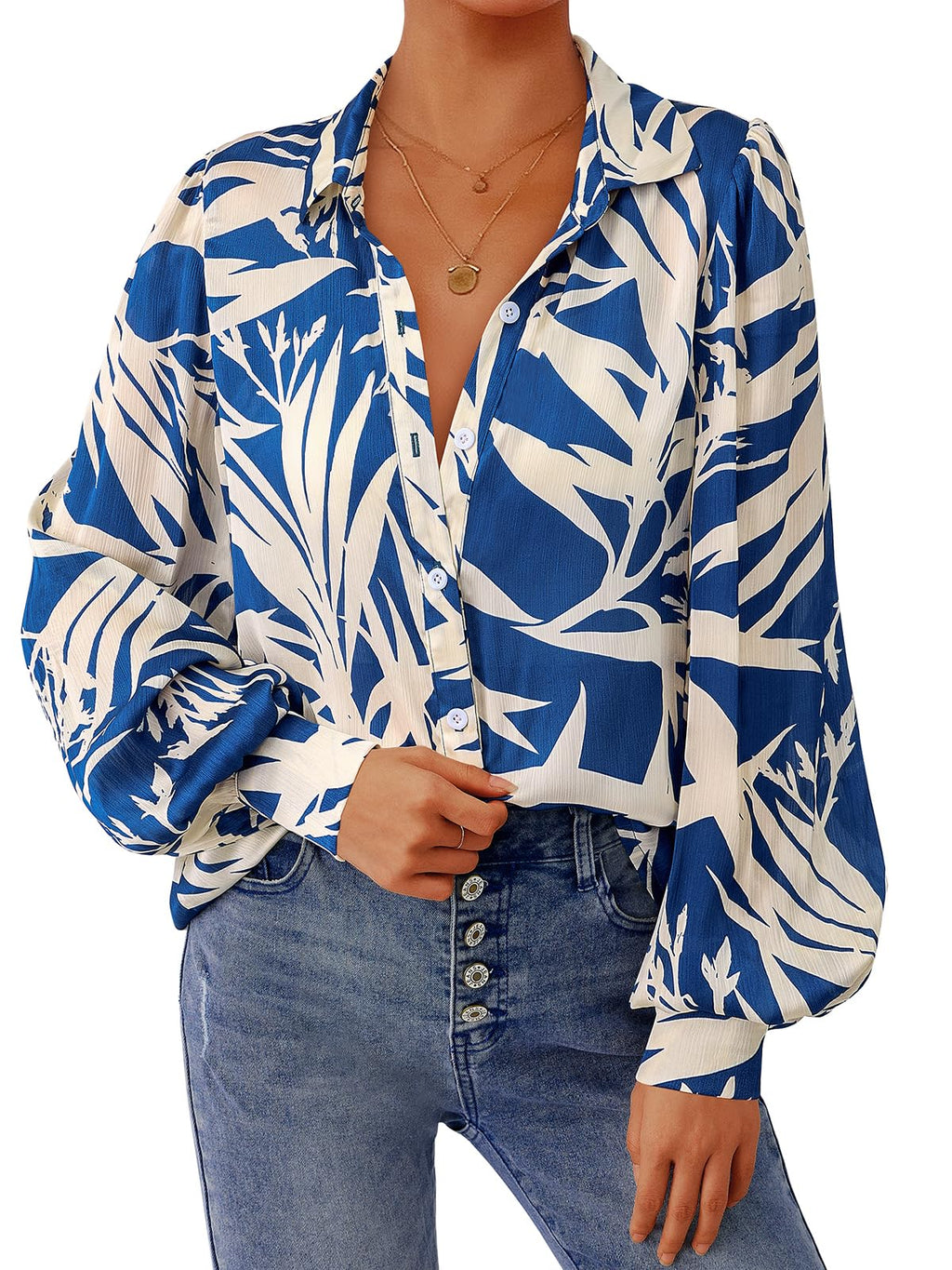 PRETTYGARDEN Women's Floral Blouses Dressy Casual V Neck Button Down Shirts Lantern Long Sleeve Boho Chiffon Spring Tops
